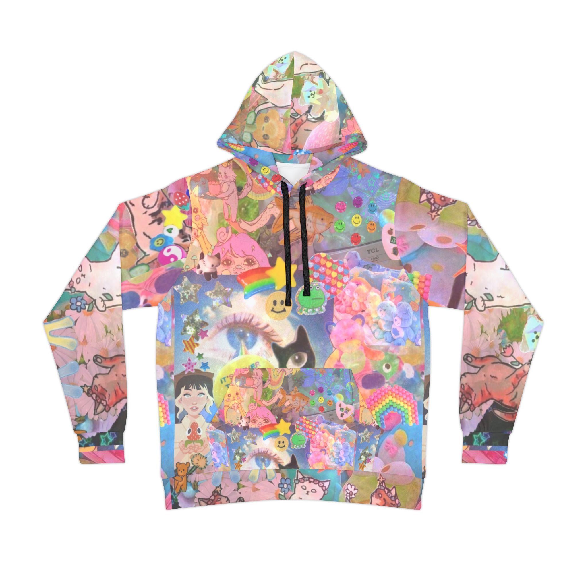 Colorful all-over print hoodie featuring a whimsical cat graphic, vibrant casual sweater by Printify for kids.