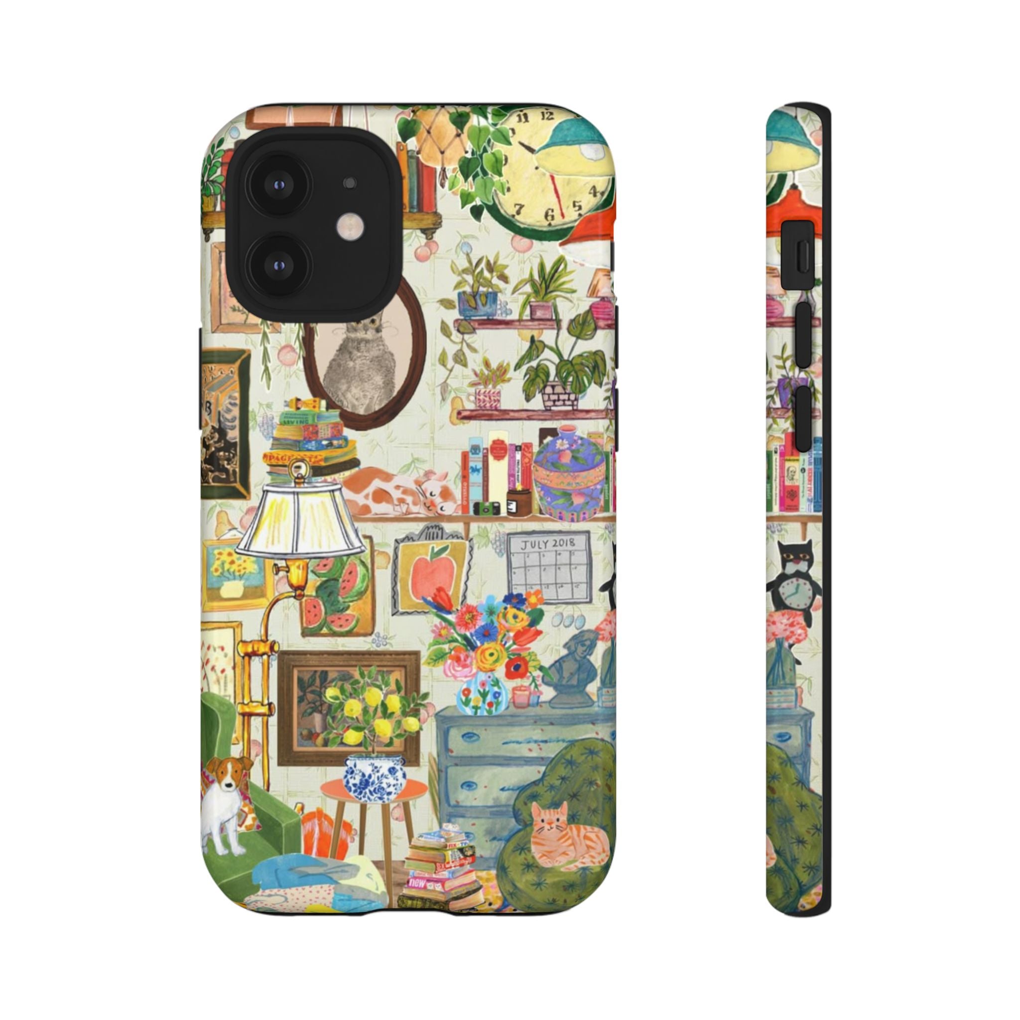 Cute cat portrait phone case for iPhone 17 by Printify featuring cozy living room pet home design, stylish and protective.