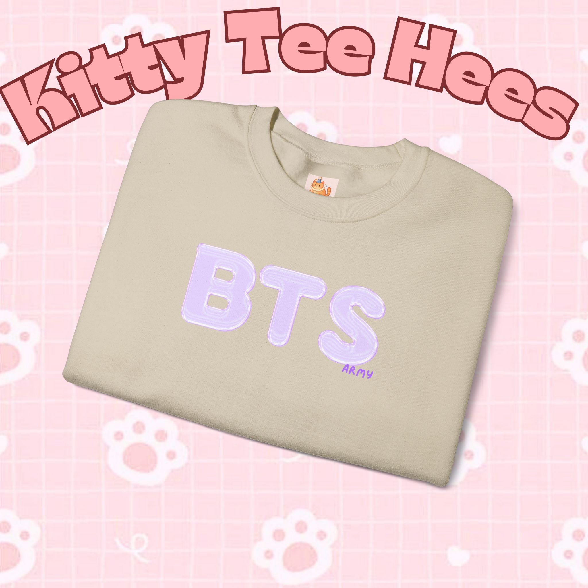 Lavender BTS Logo Arirang crewneck sweatshirt featuring K-pop band print and comeback design, casual concert sweater by Printify