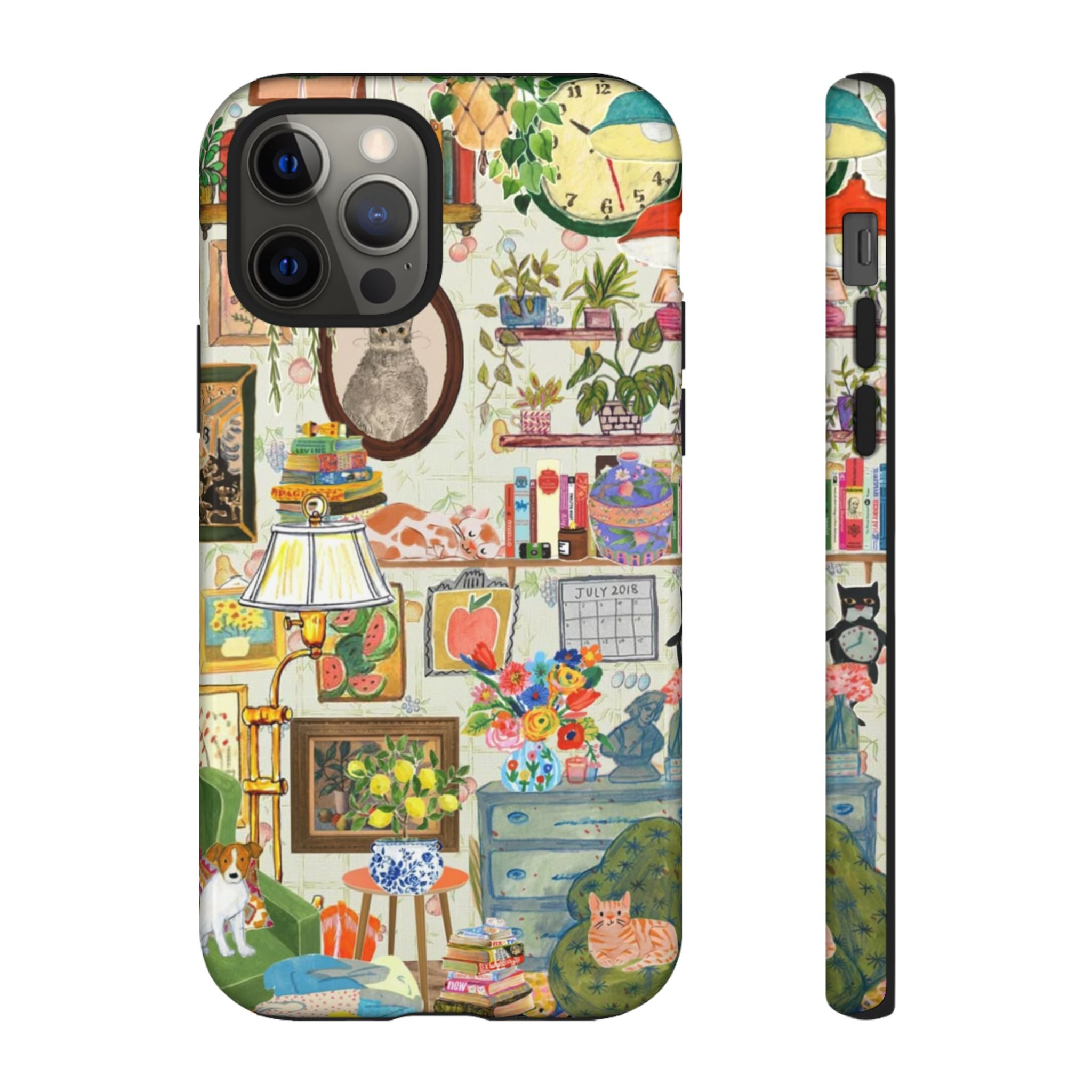 Printify iPhone 17 case featuring a cute cat pet portrait with a cozy, stylish framed design for living room decor.