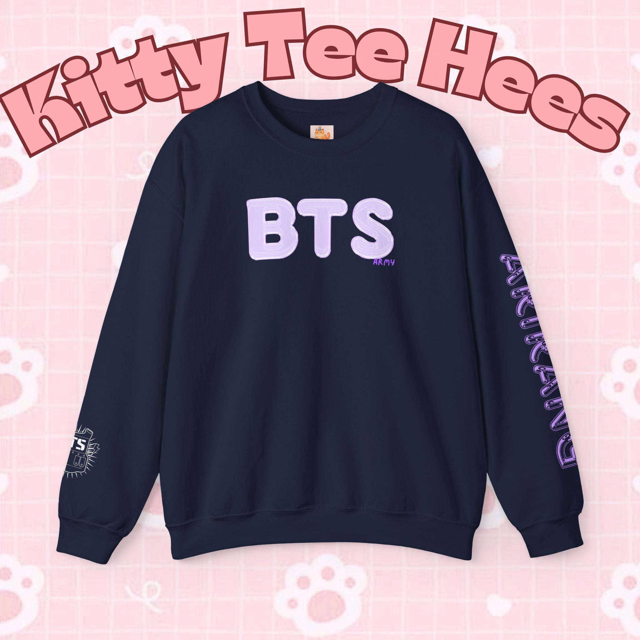 Lavender BTS Logo arirang crewneck sweatshirt featuring band print, K-pop concert sweater, comfortable pullover by Printify.