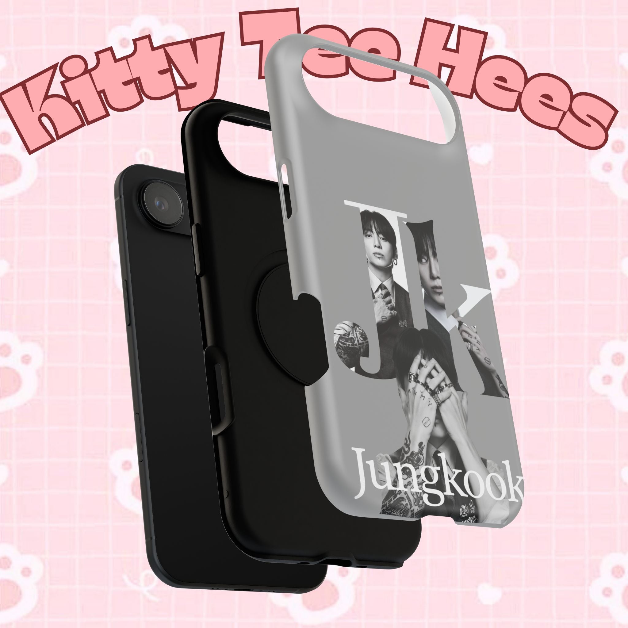 Impact-resistant phone case featuring monochrome letter design of BTS Jungkook by Printify, for a stylish and protective look.