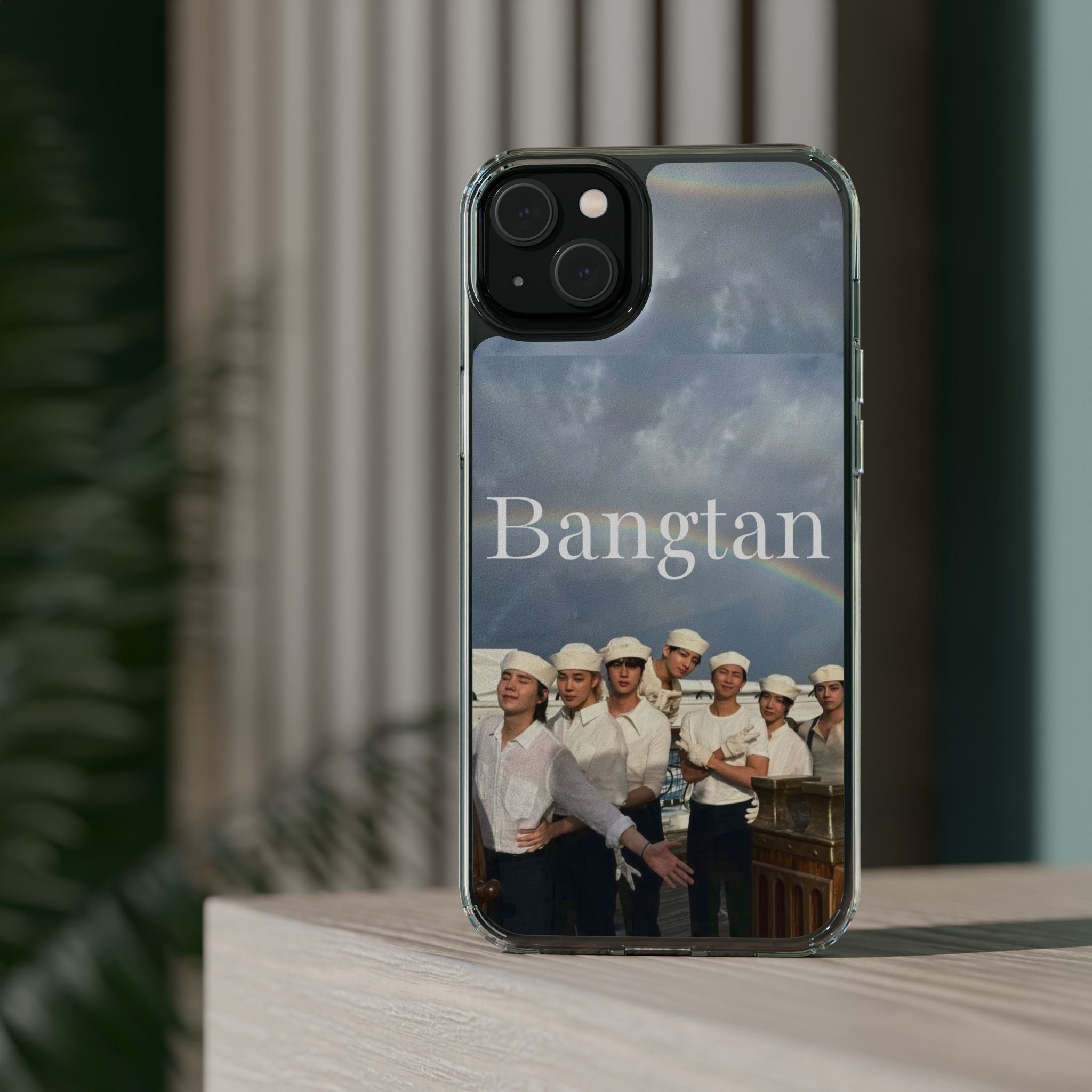 Clear impact-resistant phone case featuring Bangtan Boys K-pop design, compatible with smartphones, by Printify.