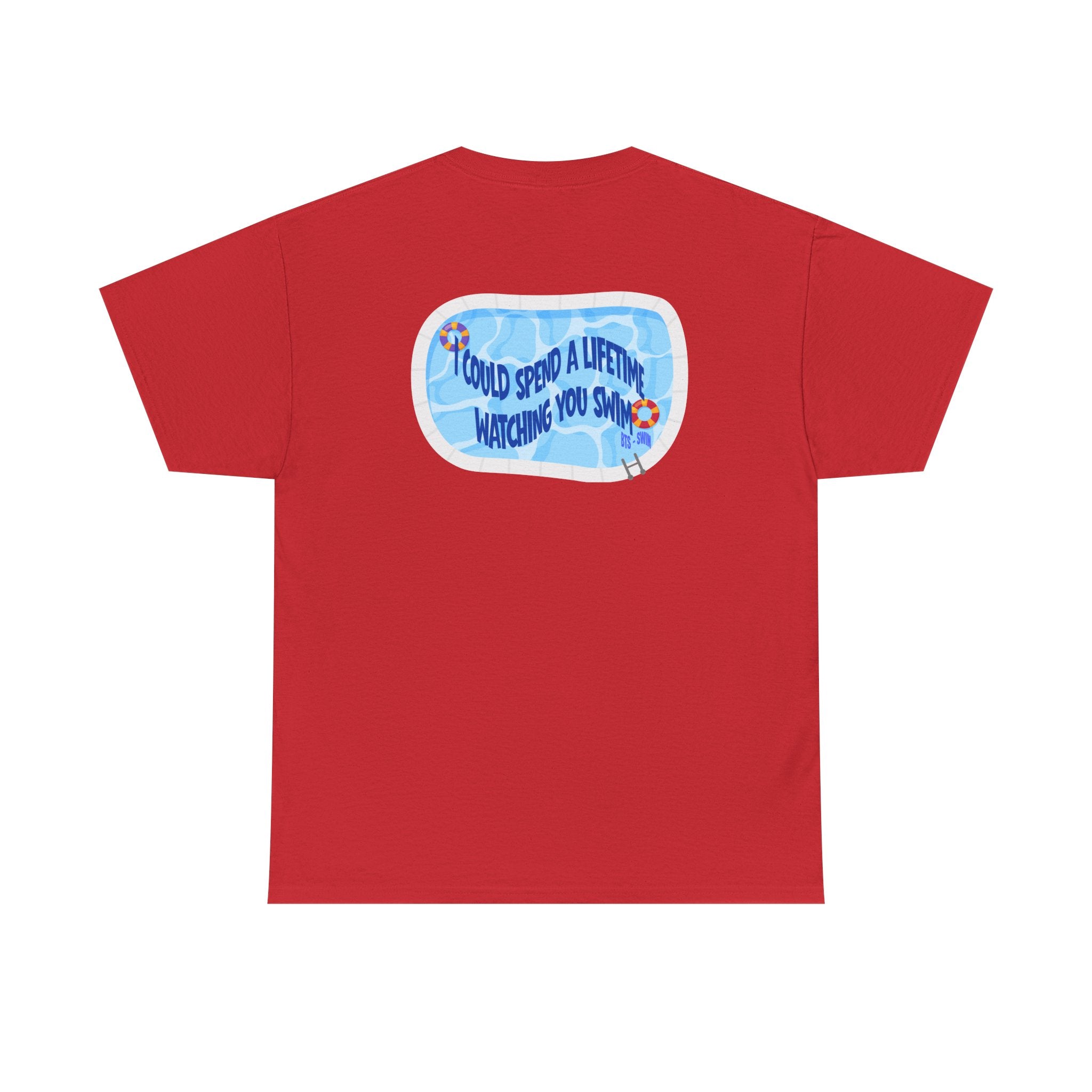 Printify BTS swim graphic T-shirt featuring a pool scene and "I could spend a lifetime watching you swim" text, perfect for Bangtan fans.