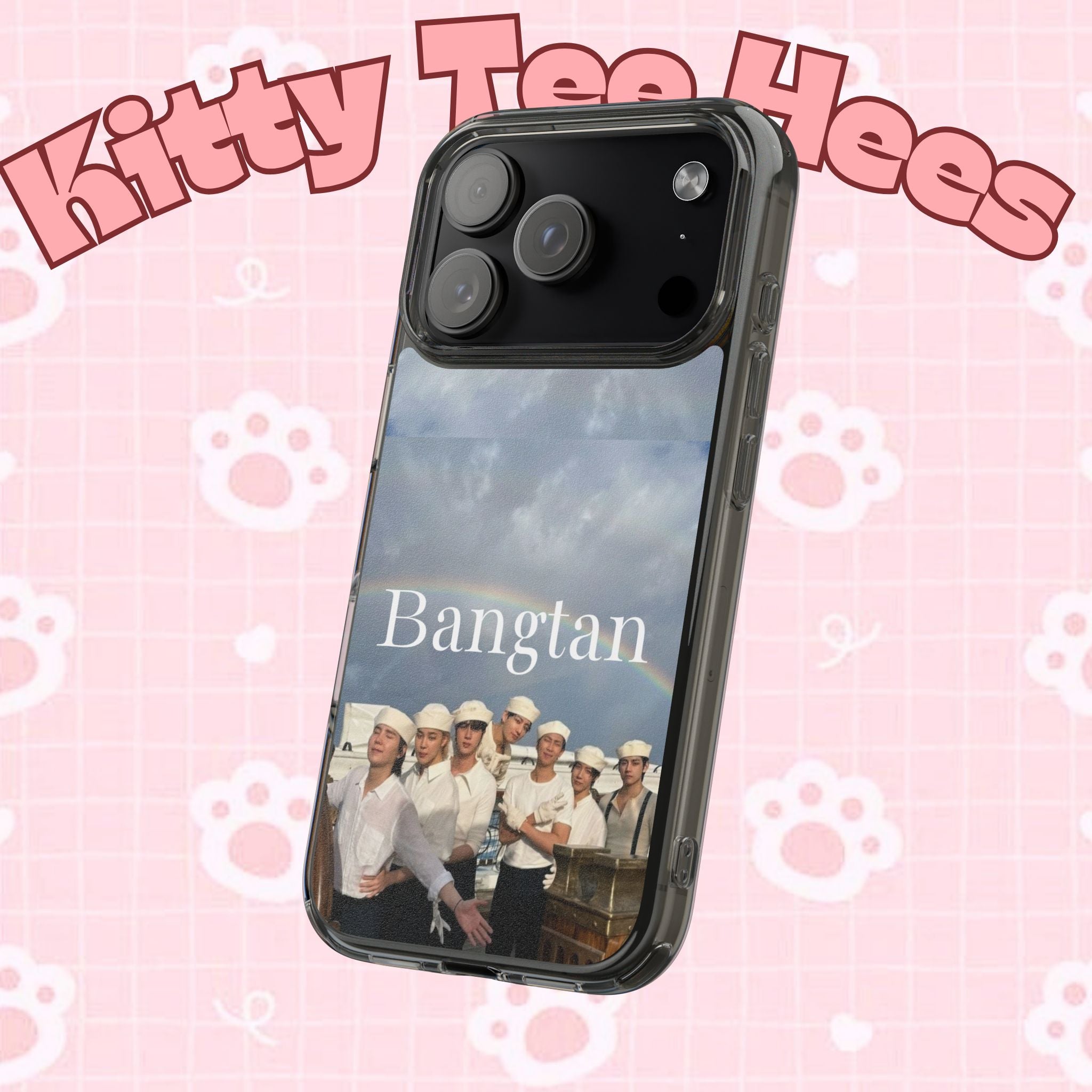 Clear impact-resistant phone case featuring cute Bangtan K-pop design for phones, by Printify.
