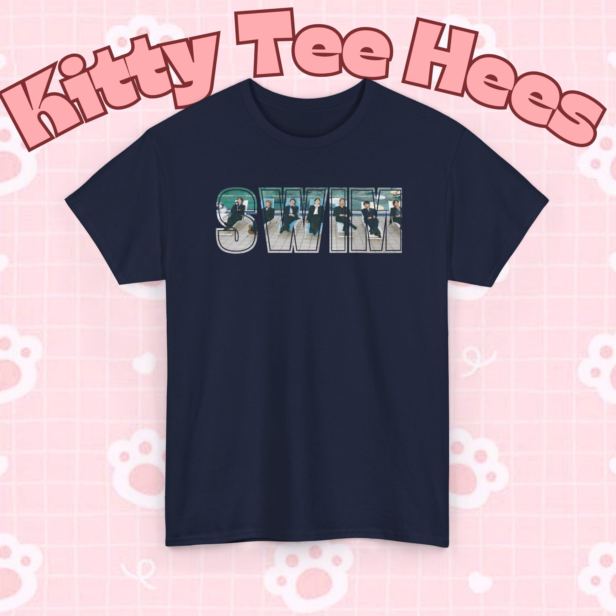 Printify BTS swim graphic T-shirt featuring a pool design and Bangtan imagery, casual cotton tee for BTS fans