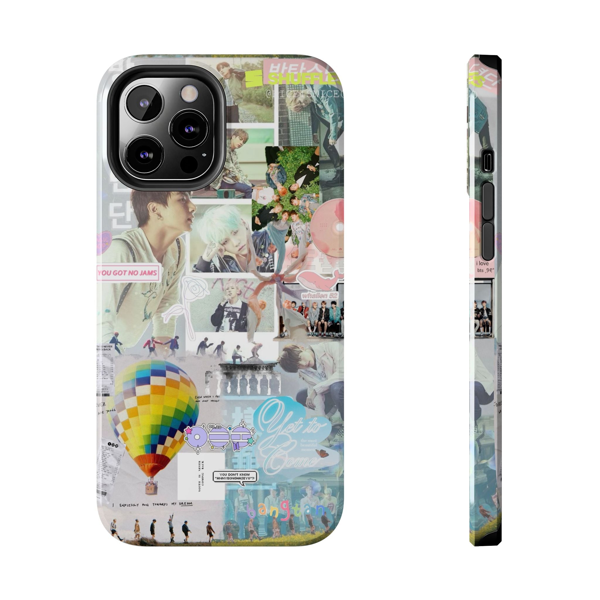 Printify BTS collage phone case for iPhone and Samsung featuring pastel hot air balloon and K-Pop photo collage design.