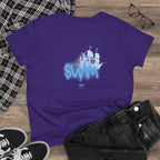 Women's BTS Sailboat Script Logo T-shirt featuring Bangtan World Tour design, cotton fabric, perfect for concert and casual wear.