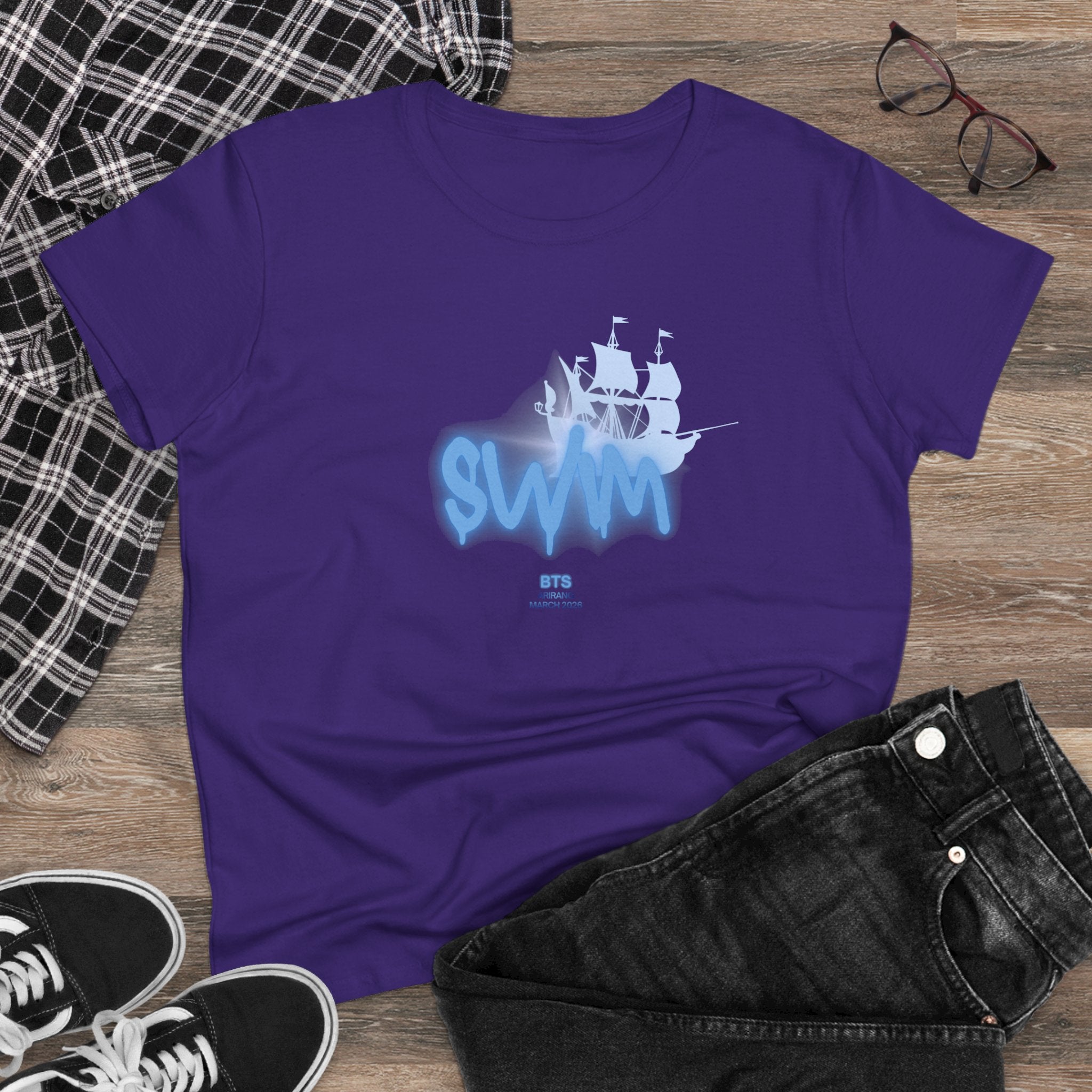 Women's BTS Sailboat Script Logo T-shirt featuring Bangtan World Tour design, cotton fabric, perfect for concert and casual wear.