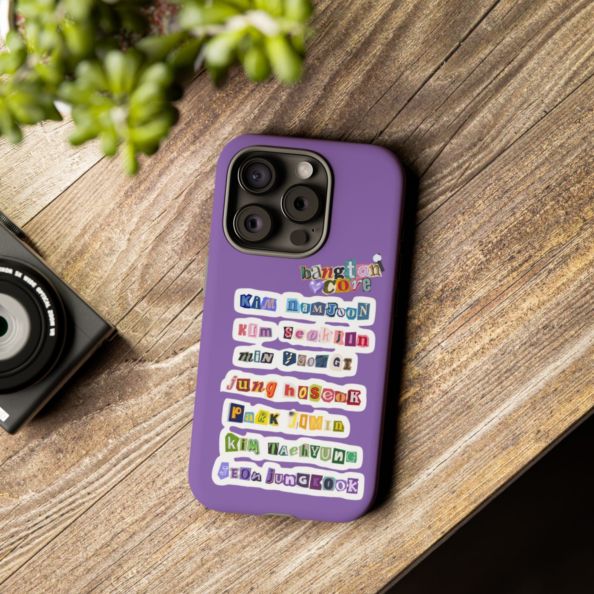 BTS member names phone case featuring Jungkook, Jimin, and Rap Monster for iPhone 17, made by Printify with a tough protective design.