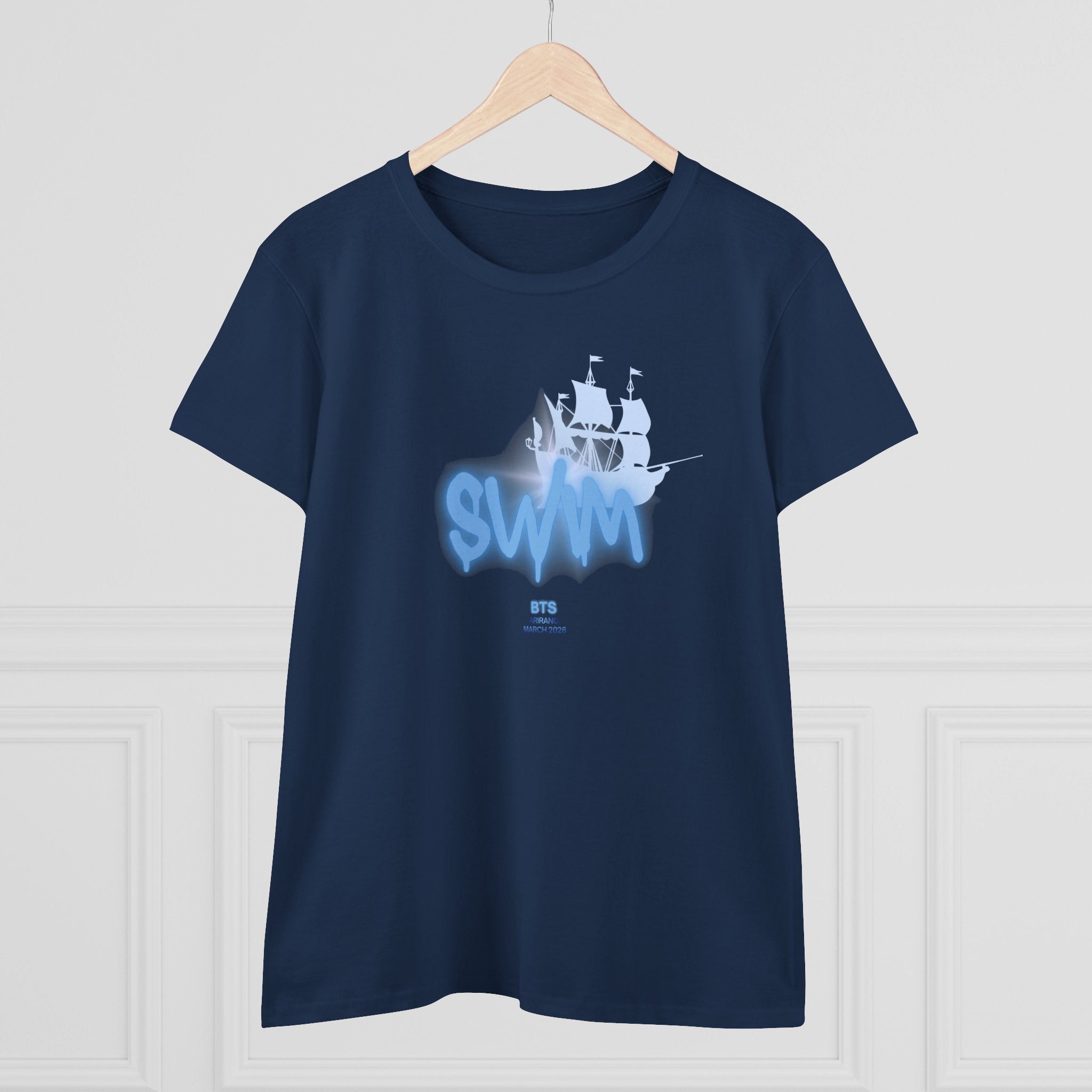 Women's BTS Sailboat Script Logo T-shirt featuring Bangtan World Tour design, cotton fabric, perfect for concert and casual wear.