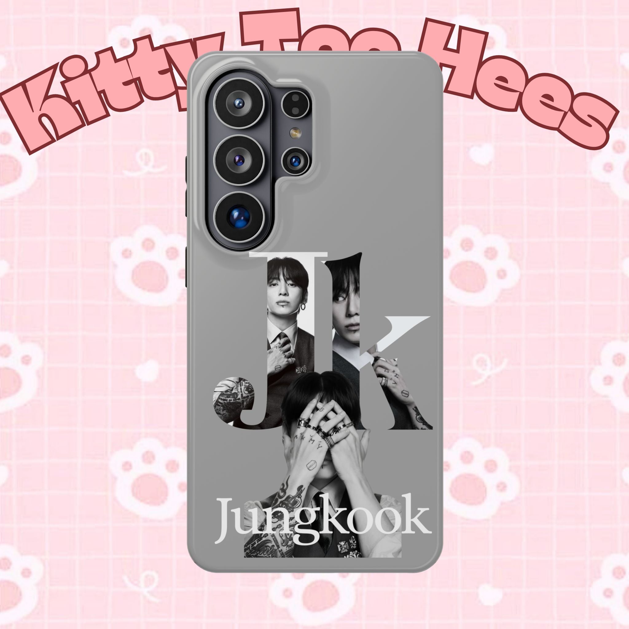 Monochrome BTS Jungkook phone case with impact-resistant design, featuring letter motif, by Printify.