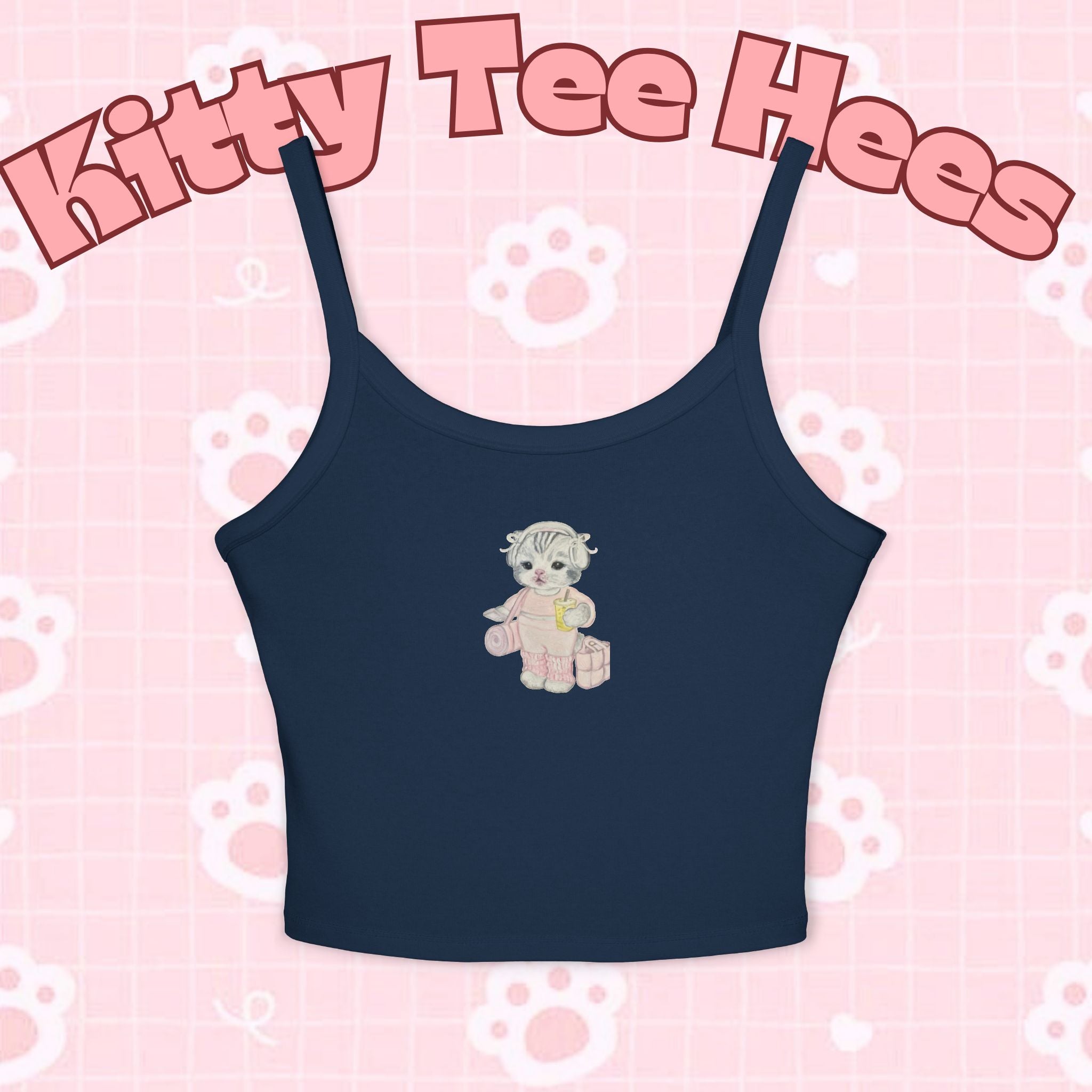 Cute girls' spaghetti strap tank top featuring a Pilates cat and yoga cat design, perfect for summer wear and casual style.
