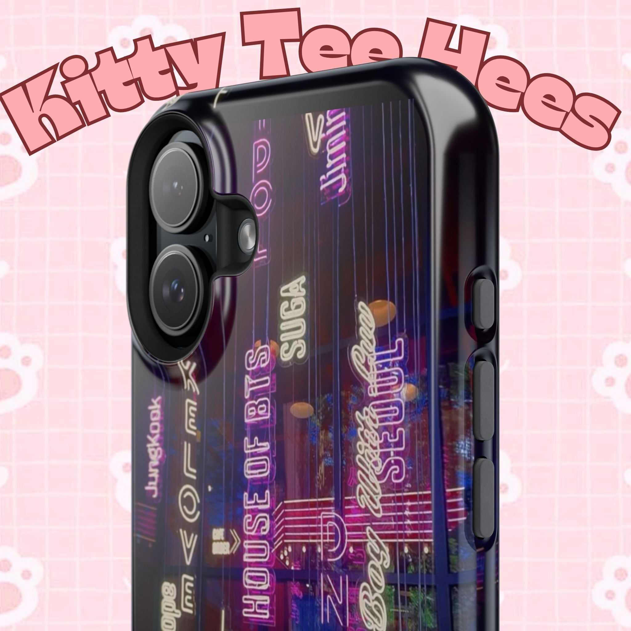 Neon Korean script phone case for iPhone and Samsung, impact-resistant BTS and Bangtan Sonyeondan branded phone case from Printify