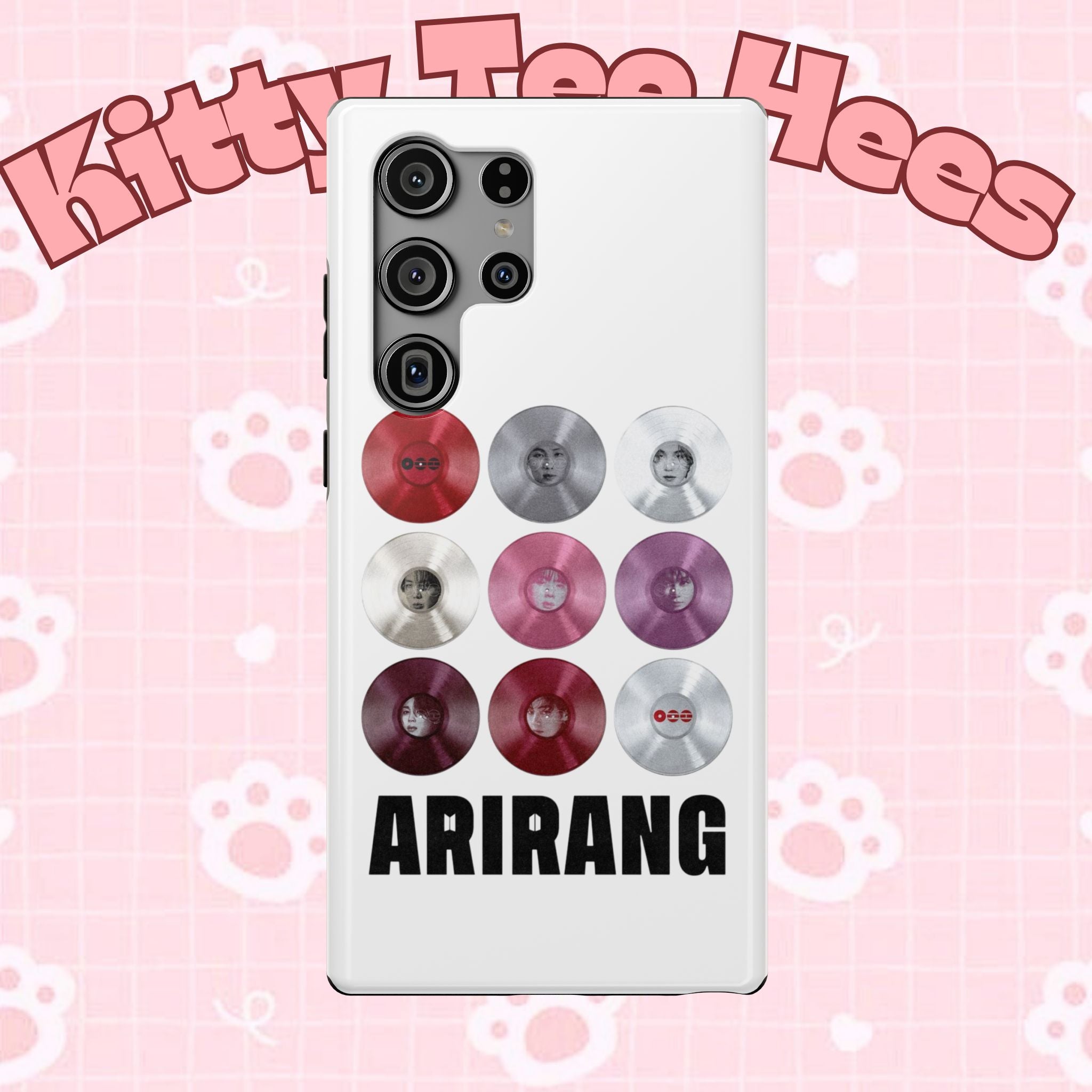 Impact-resistant Printify phone case featuring Bangtan Arirang BTS vinyl record grid design, ideal for BTS fans.