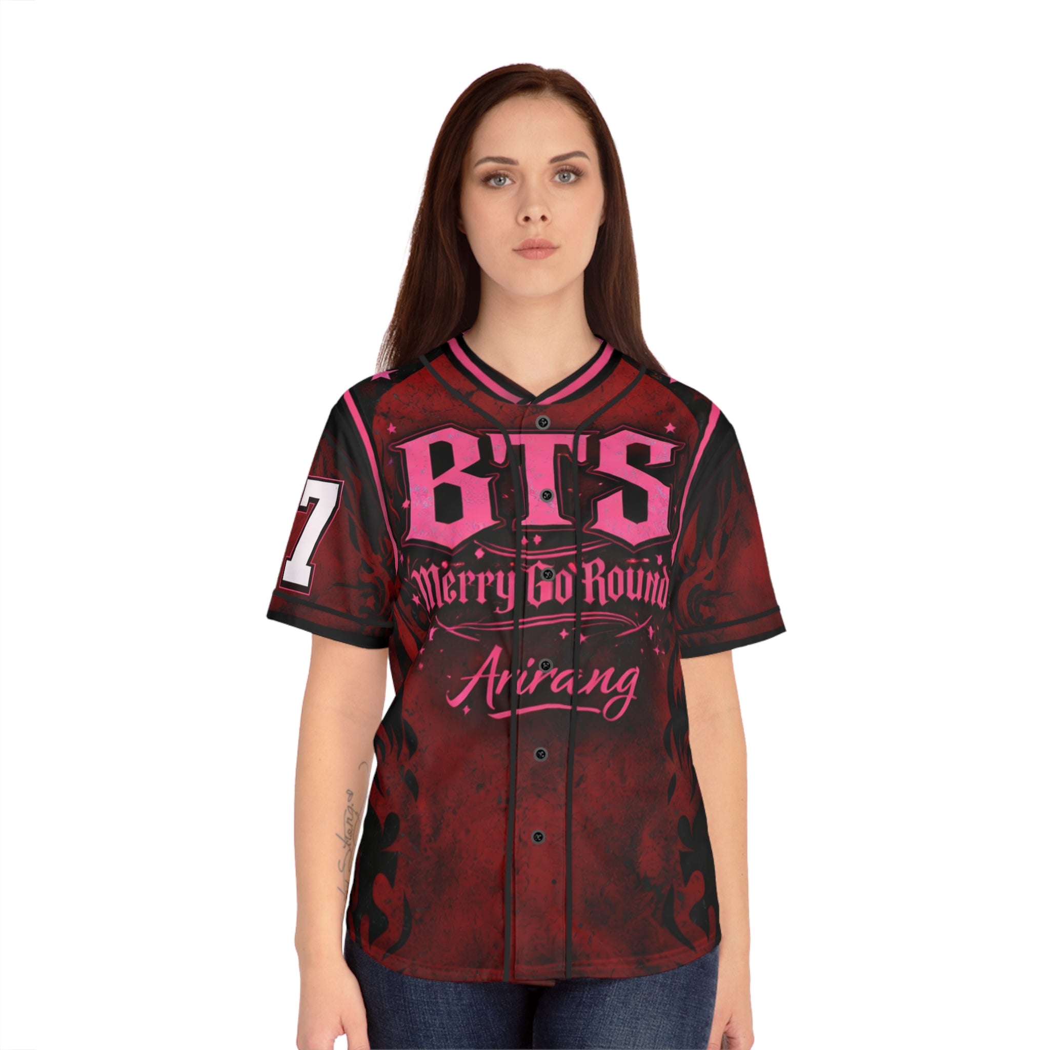 All-over print BTS Merry Go Round jersey featuring colorful BTS concert design, casual style, and vibrant ARMY-themed graphics.