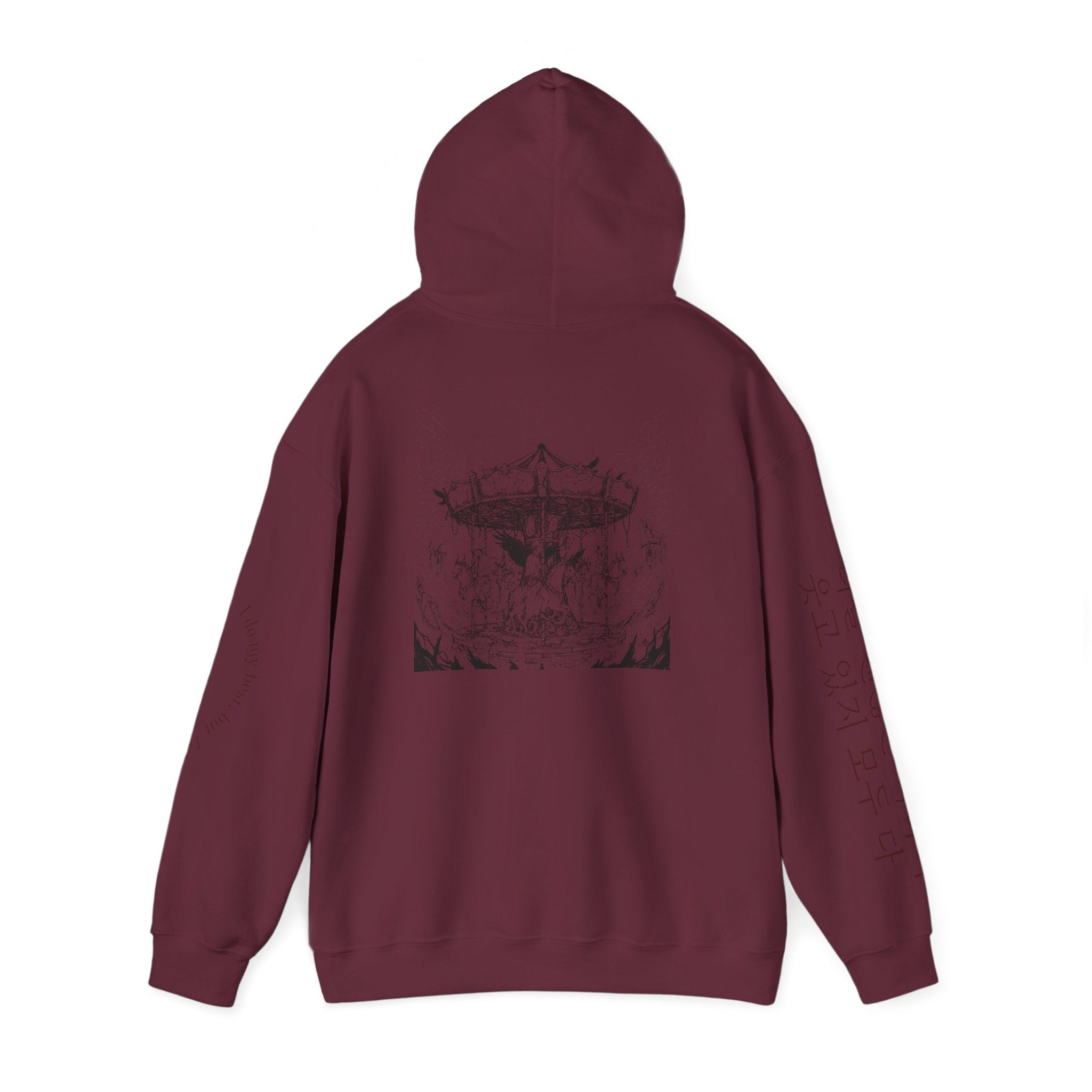 BTS Merry-go-round Arirang 2026 hoodie with carousel illustration, Korean script sleeves, and BTS lyric design by Printify.