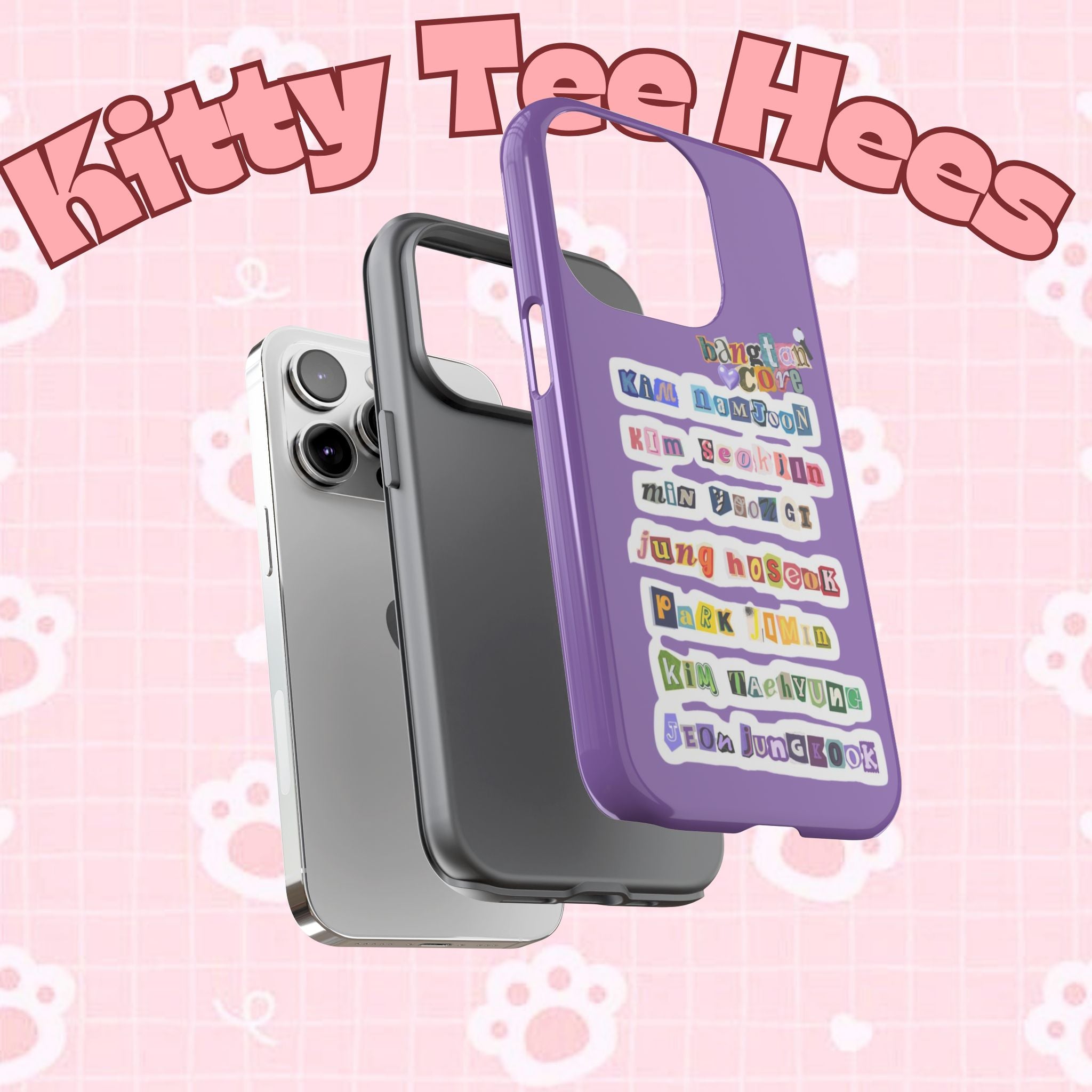 Custom BTS member names phone case featuring Jungkook, Jimin, and Rap Monster for iPhone 17, with durable tough case design.