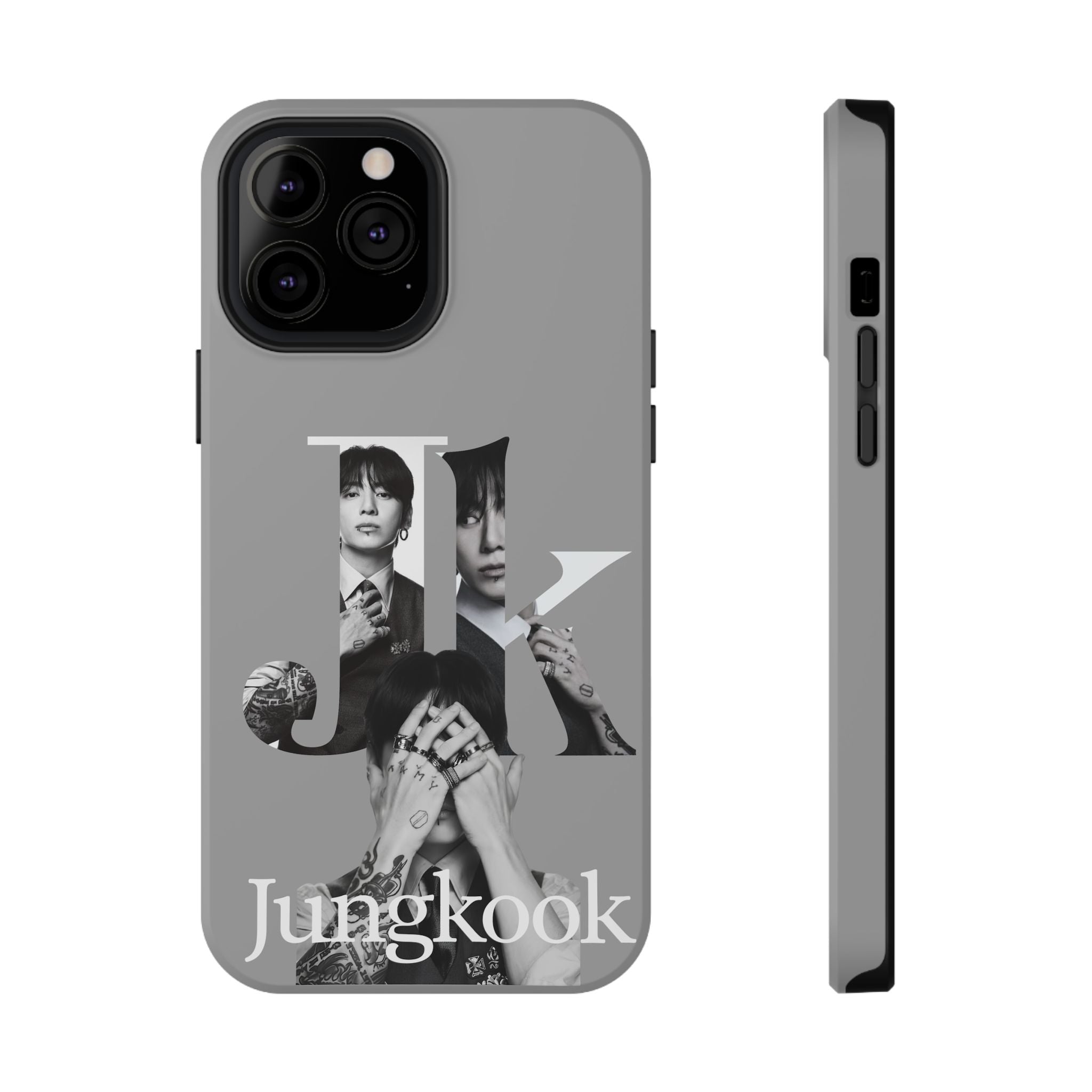 Impact-resistant phone case featuring monochrome letter design of Jungkook from BTS, perfect for fans and protection.