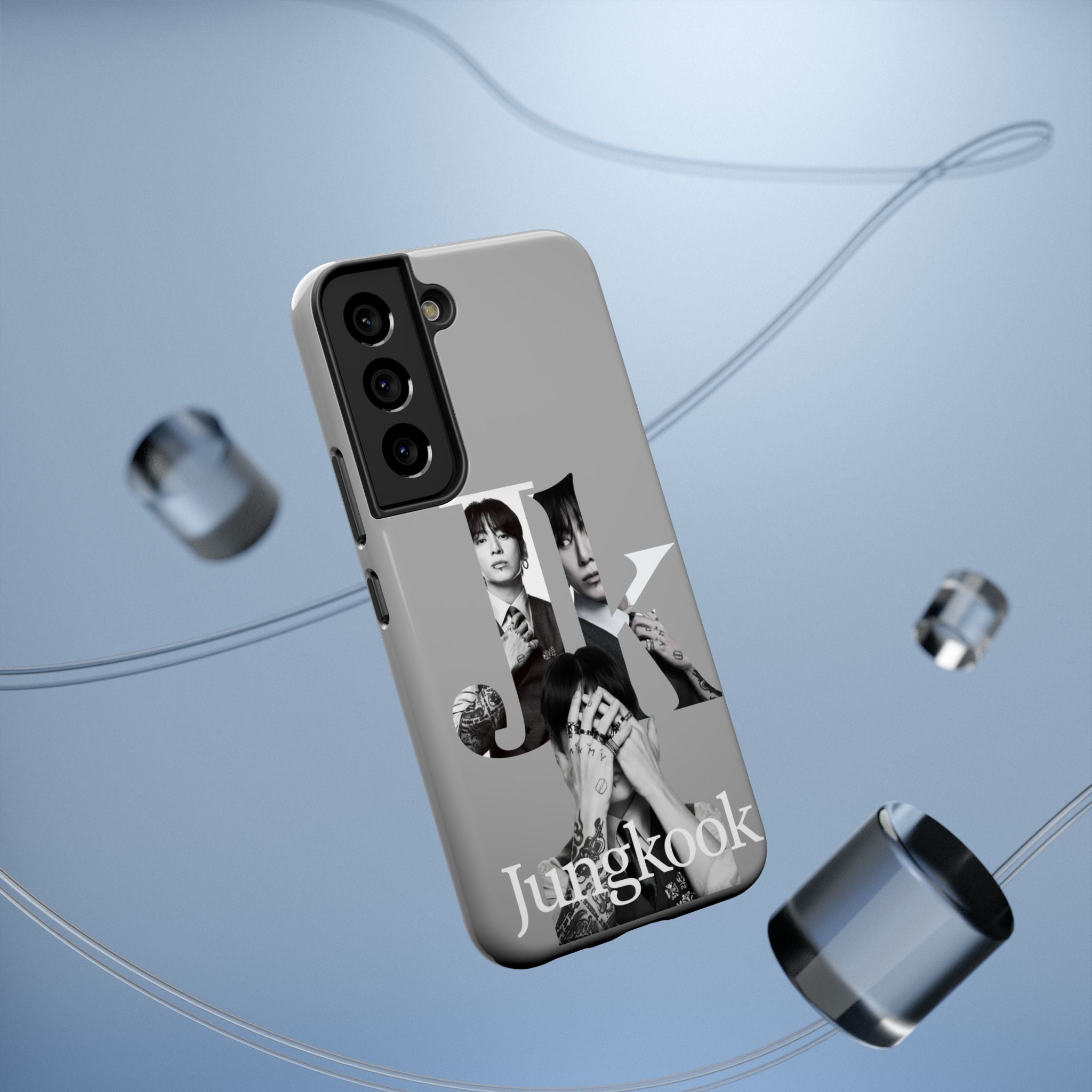 Black Jungkook phone case with monochrome letter design, impact-resistant for BTS Jungkook fans.