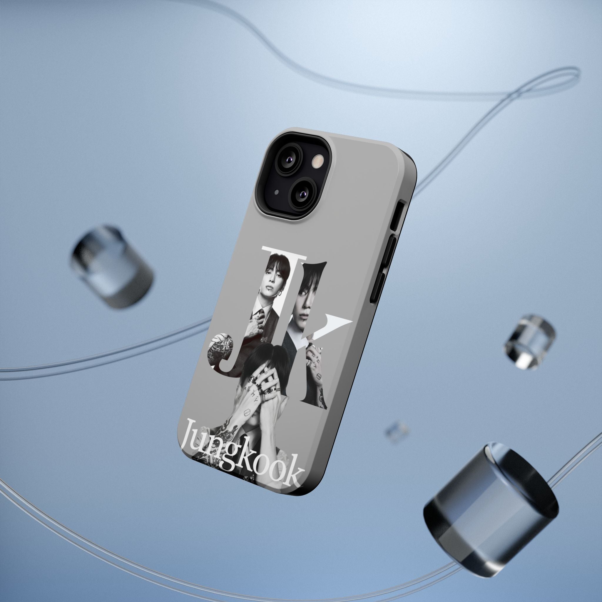 Monochrome BTS Jungkook phone case with letter design, impact-resistant cover by Printify for popular Bangtan Boys fan protection