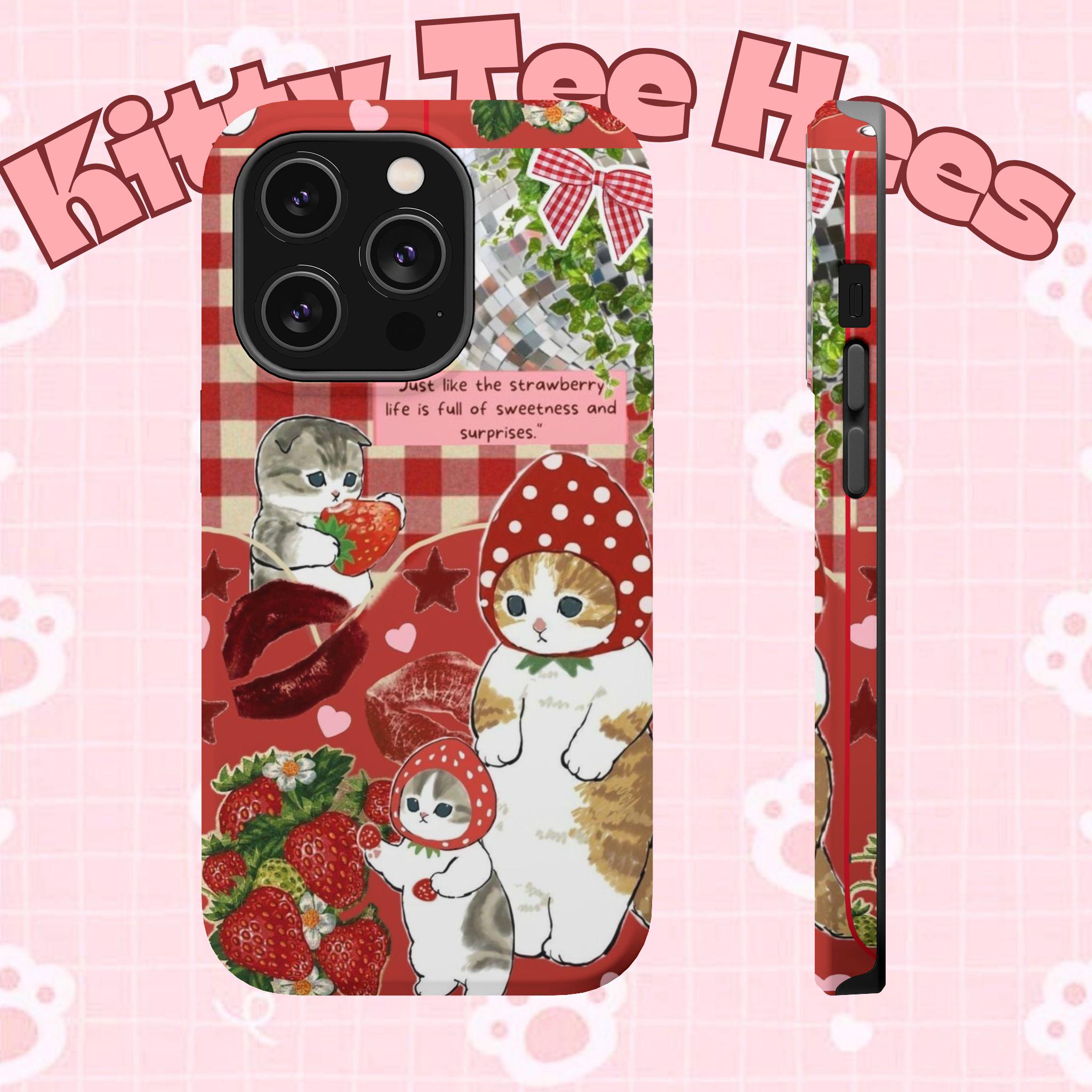 Cute strawberry Cat Magnetic Tough Cases Funny cat phone case, cute iphone 17 case Adorable Phone Case for Cat Lovers - Kitty TeeHees