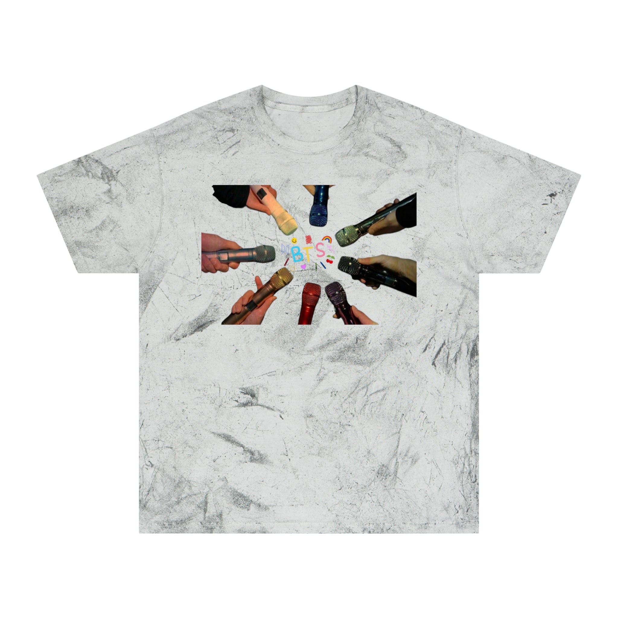 Colorful BTS concert T-shirt featuring rainbow microphone and logo design, inspired by 2026 K-Pop concert fashion.