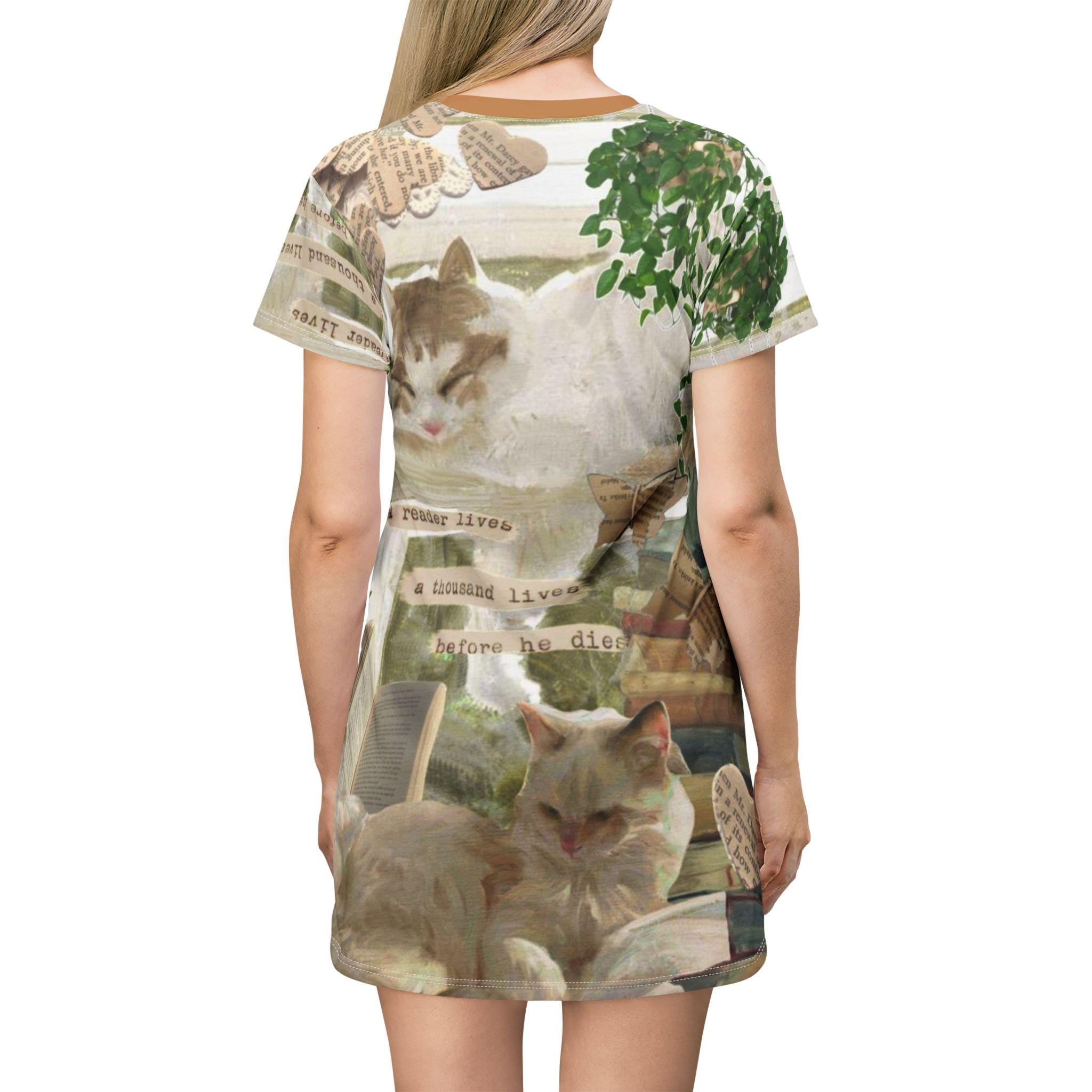 Literary Cat T-Shirt Dress, Cozy Cat Lover Fashion - Kitty TeeHees