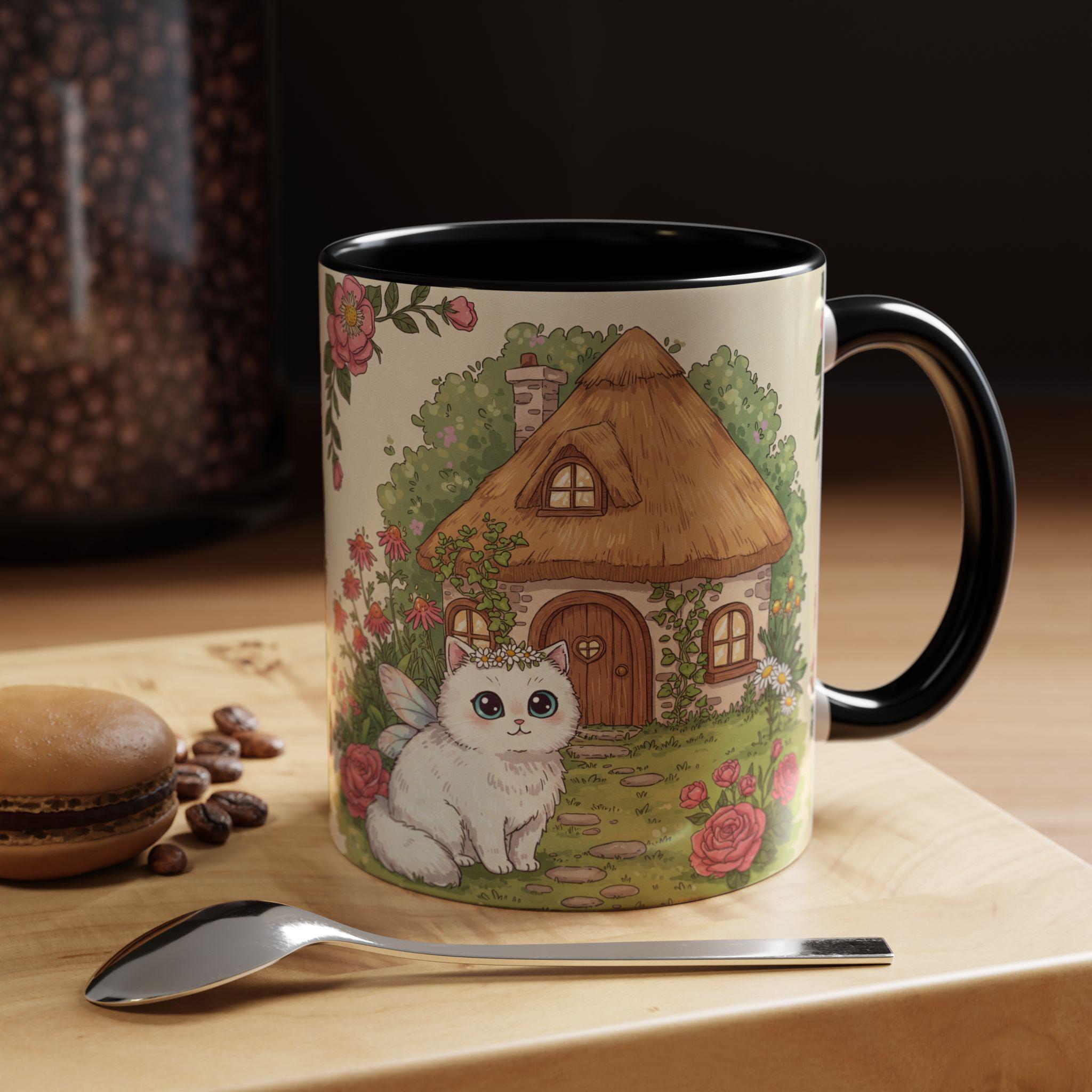 Cottage Fairy Cat Coffee Mug: Whimsical Floral Design - Kitty TeeHees