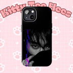 BTS Taehyung (V) phone case with dark Bangtan design for iPhone and Samsung, featuring Kim Taehyung image on a tough protective case.