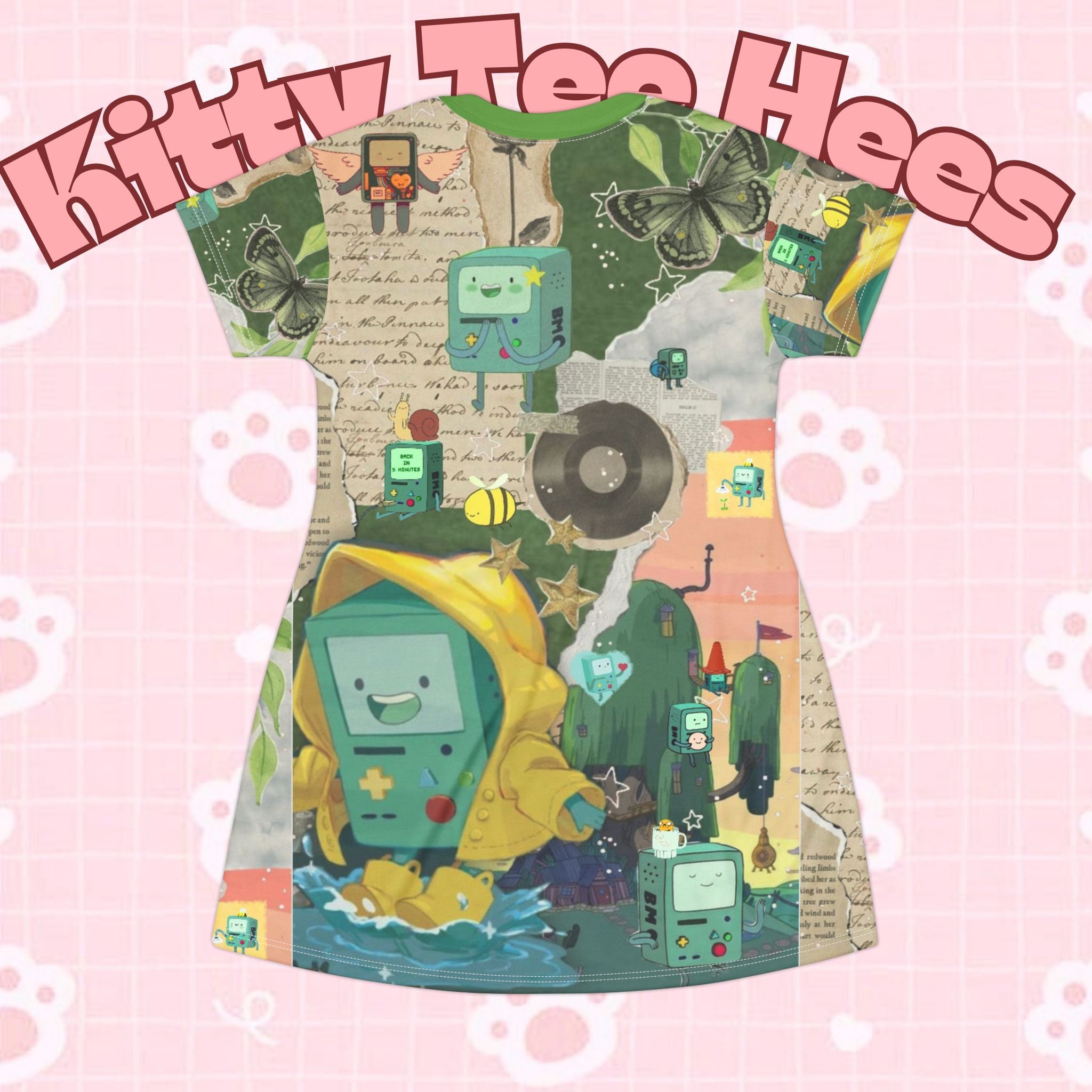 BMO Adventure Time T-Shirt Dress with all-over print design, featuring colorful character graphics for a fun, casual look.