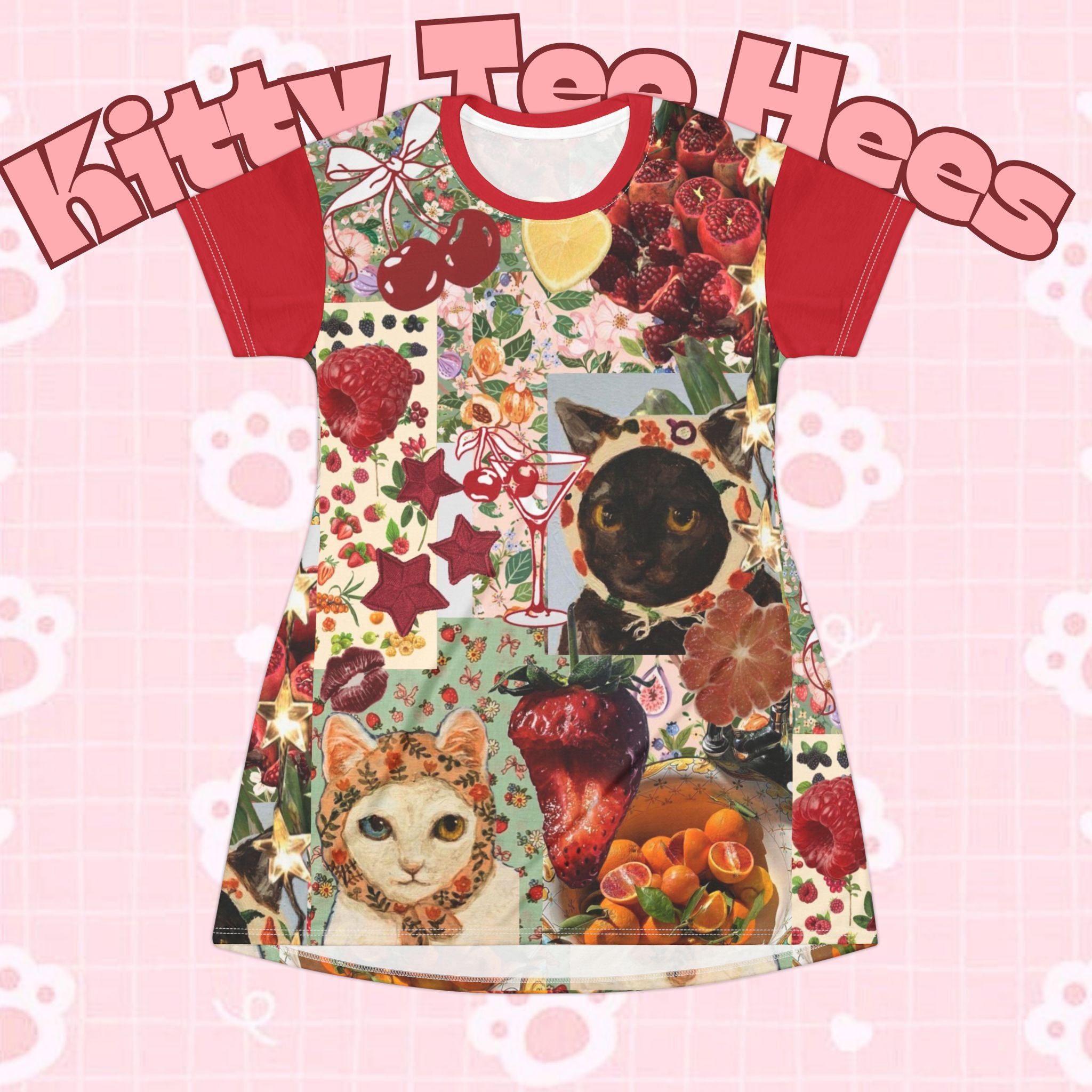 Babyshka Babushka Cat Berry T-Shirt Dress with funny cat print, casual summer mini dress, all-over print by Printify