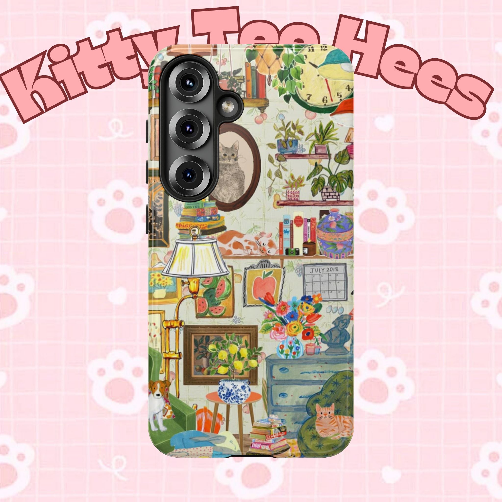 Cute cat portrait phone case for iPhone 17, stylish Printify pet-themed protective case with cozy living room design.