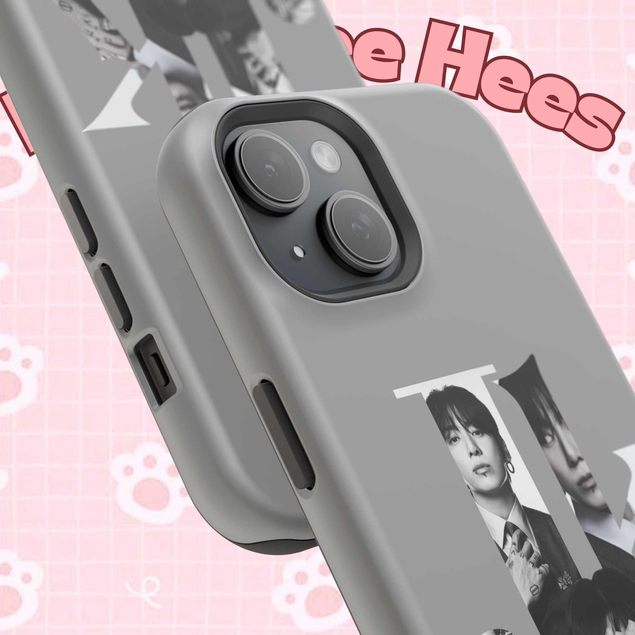Monochrome BTS Jungkook phone case by Printify, impact-resistant design with letter B featuring a stylish image of Jungkook.