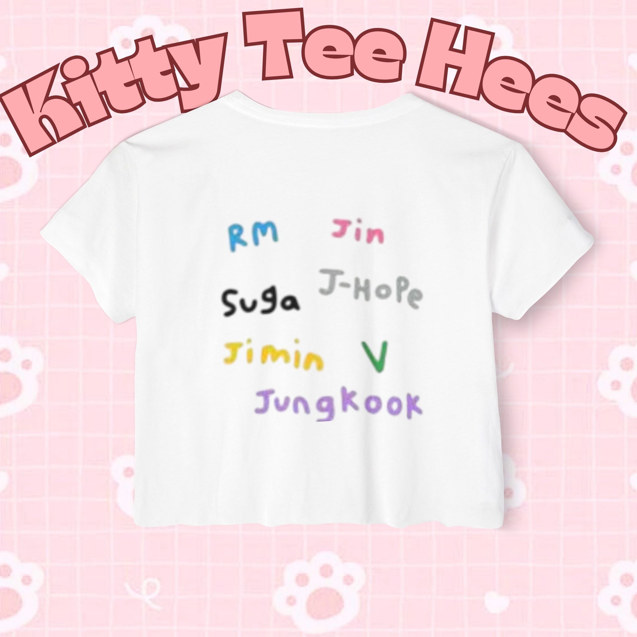 Colorful BTS kidcore T-shirt featuring a Bangtan Boys K-Pop group photo, women's festival crop top with vibrant design.