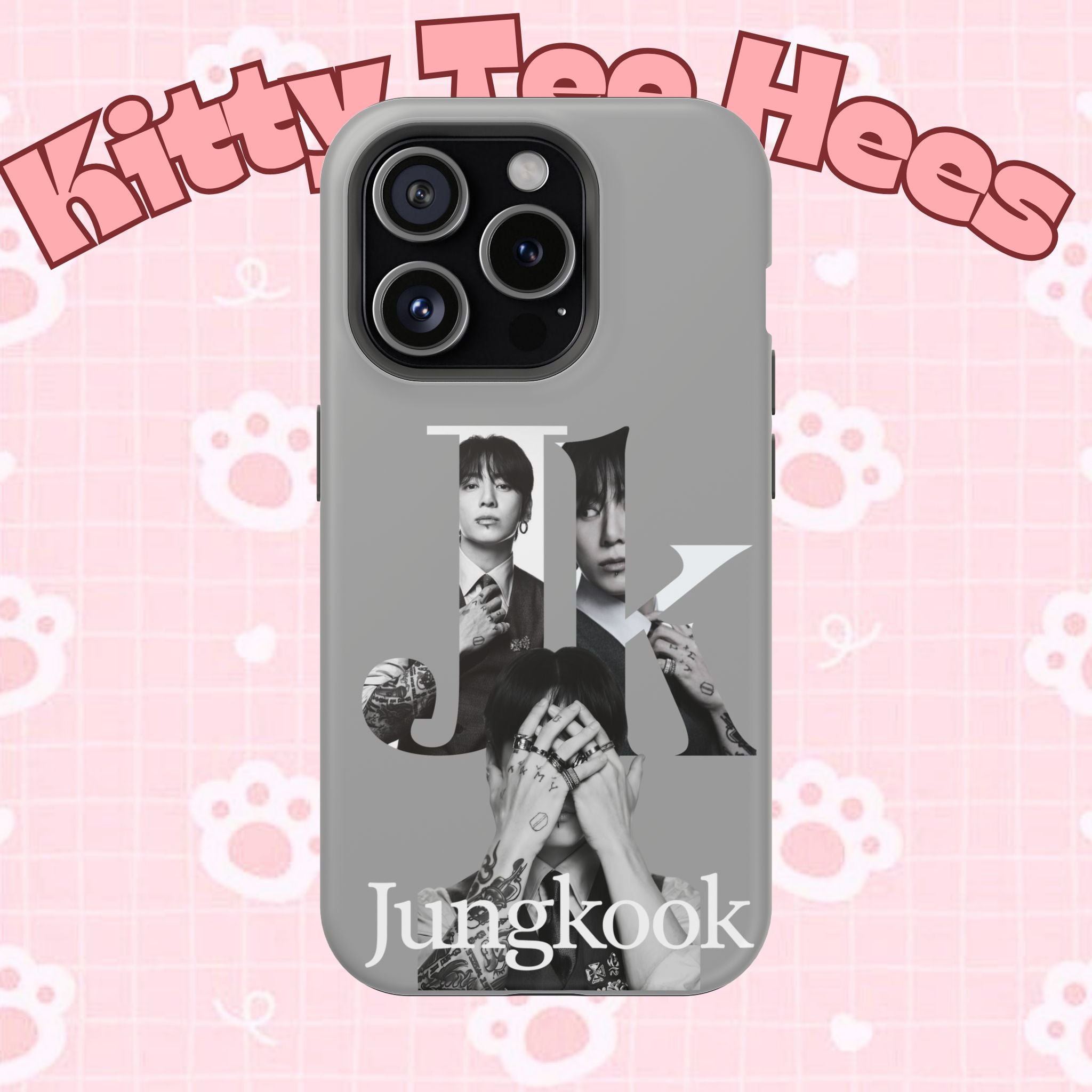 Monochrome BTS Jungkook phone case with letter design, impact-resistant printify brand protective cover for smartphone.
