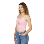 Cute pink spaghetti strap tank top featuring a Pilates cat and yoga cat print, trendy summer apparel for women.