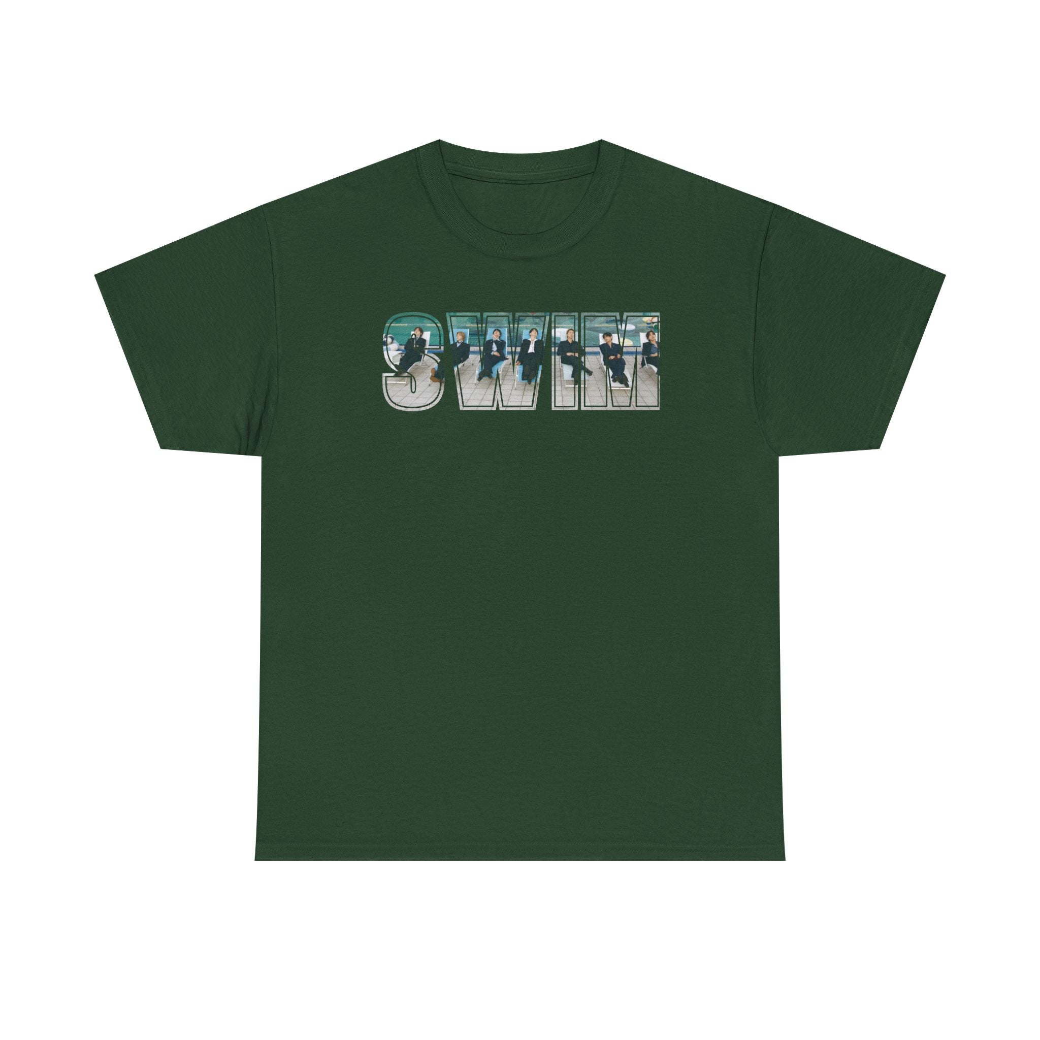 Printify BTS swim graphic T-shirt featuring a pool scene and Bangtan design, casual cotton tee for BTS fans.
