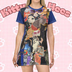 Cat Lady Collage T-shirt dress featuring all-over print with colorful cat illustrations, casual style, by Printify.