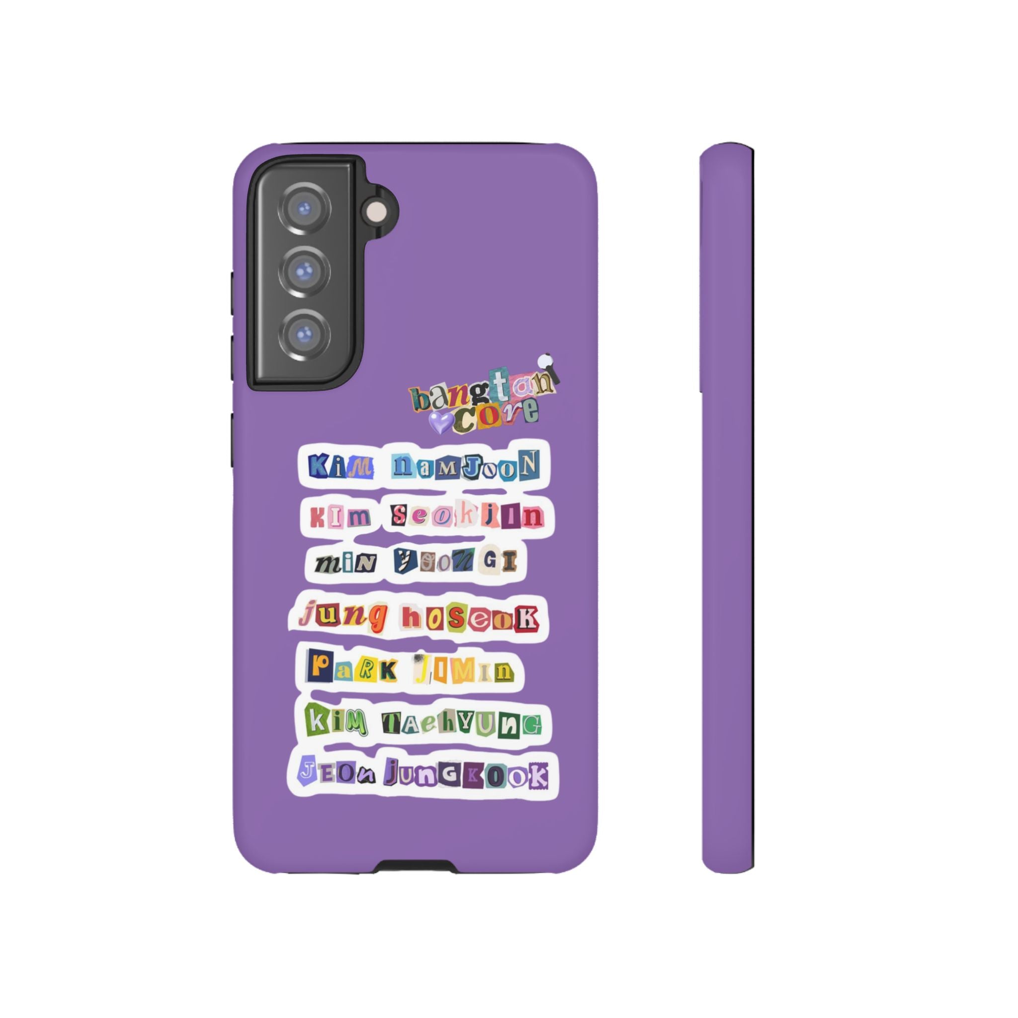 BTS member names phone case featuring Jungkook, Jimin, and Rap Monster for iPhone 17, colorful design by Printify.