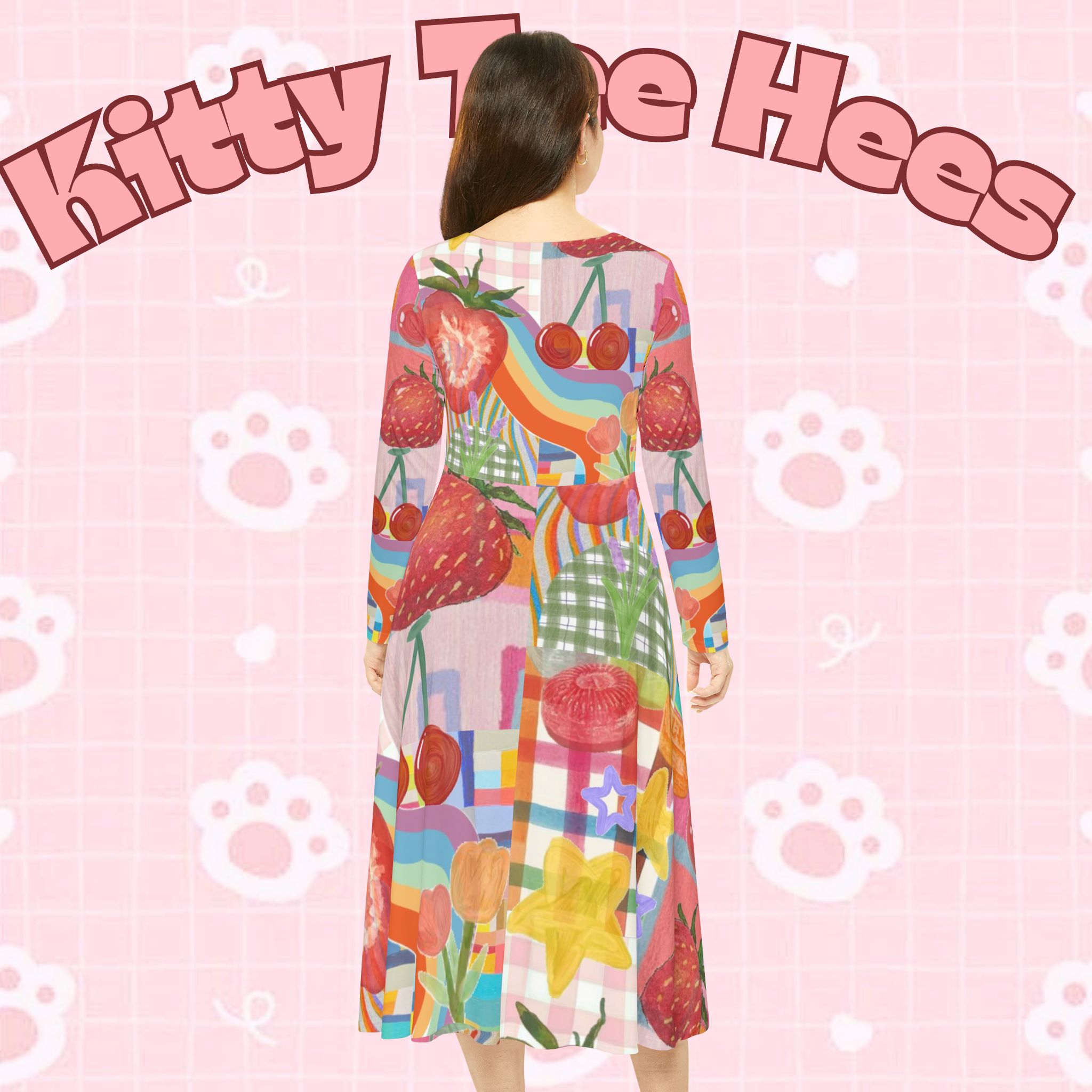 Strawberry Picnic floral long sleeve dress by Printify with all-over strawberry print, perfect for spring and summer garden casual wear.
