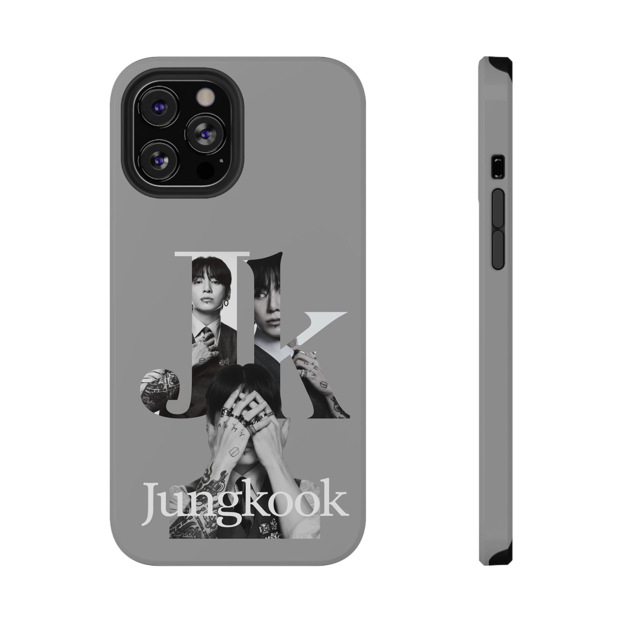 Monochrome BTS Jungkook phone case with letter design, impact-resistant Printify phone case for BTS fans.