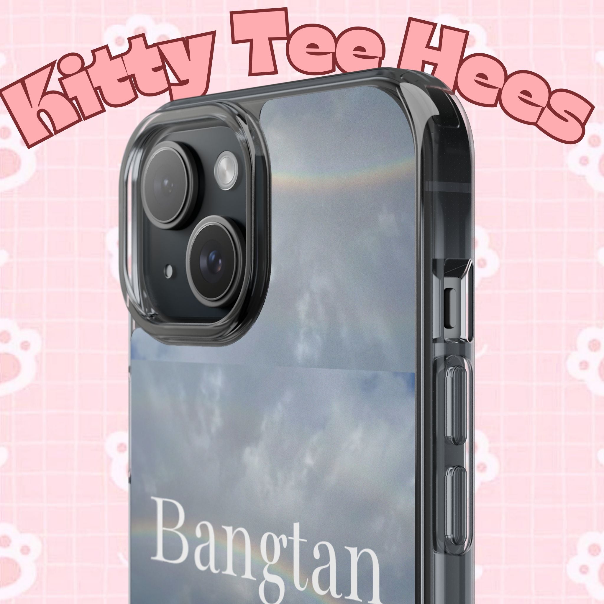 Clear impact-resistant Bangtan phone case featuring cute K-pop design for phones, designed by Printify.