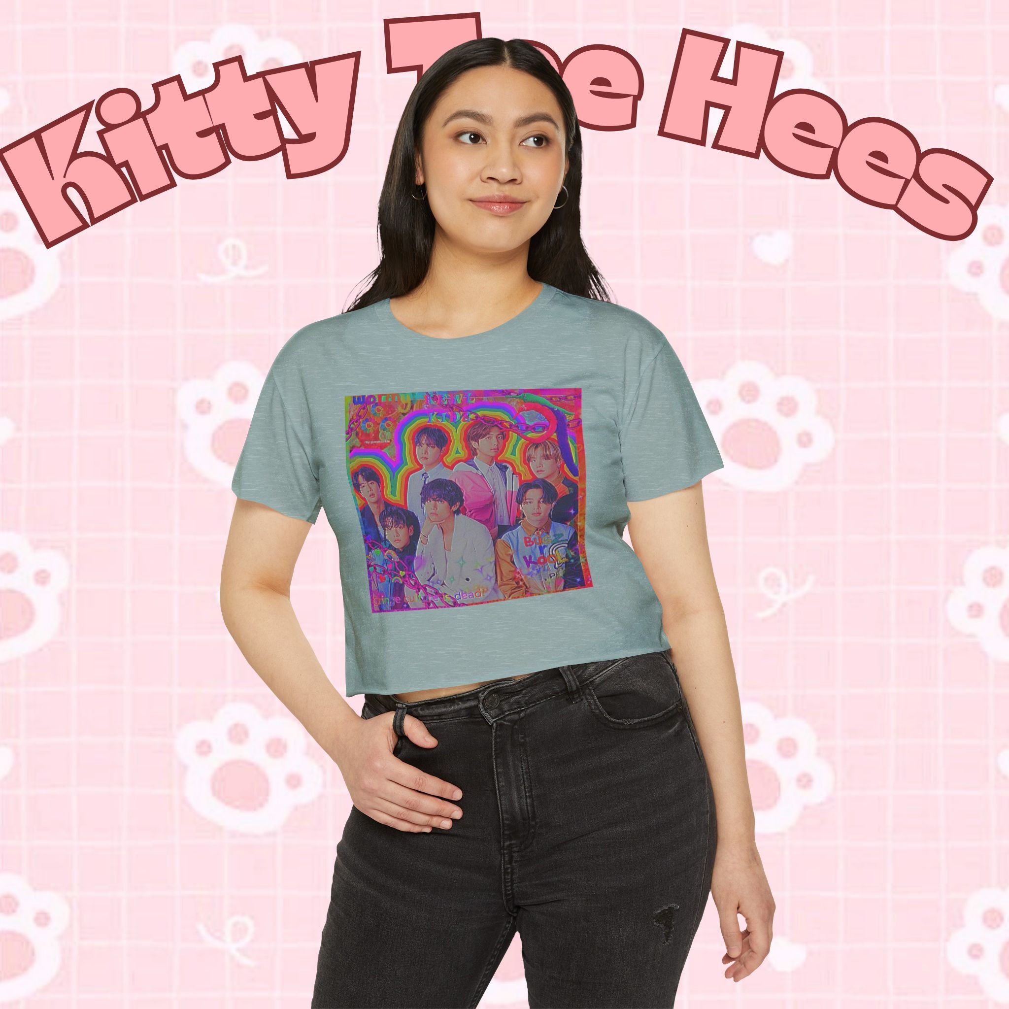Colorful BTS kidcore T-shirt featuring a Bangtan Boys K-Pop group photo, women's festival crop top by Printify.