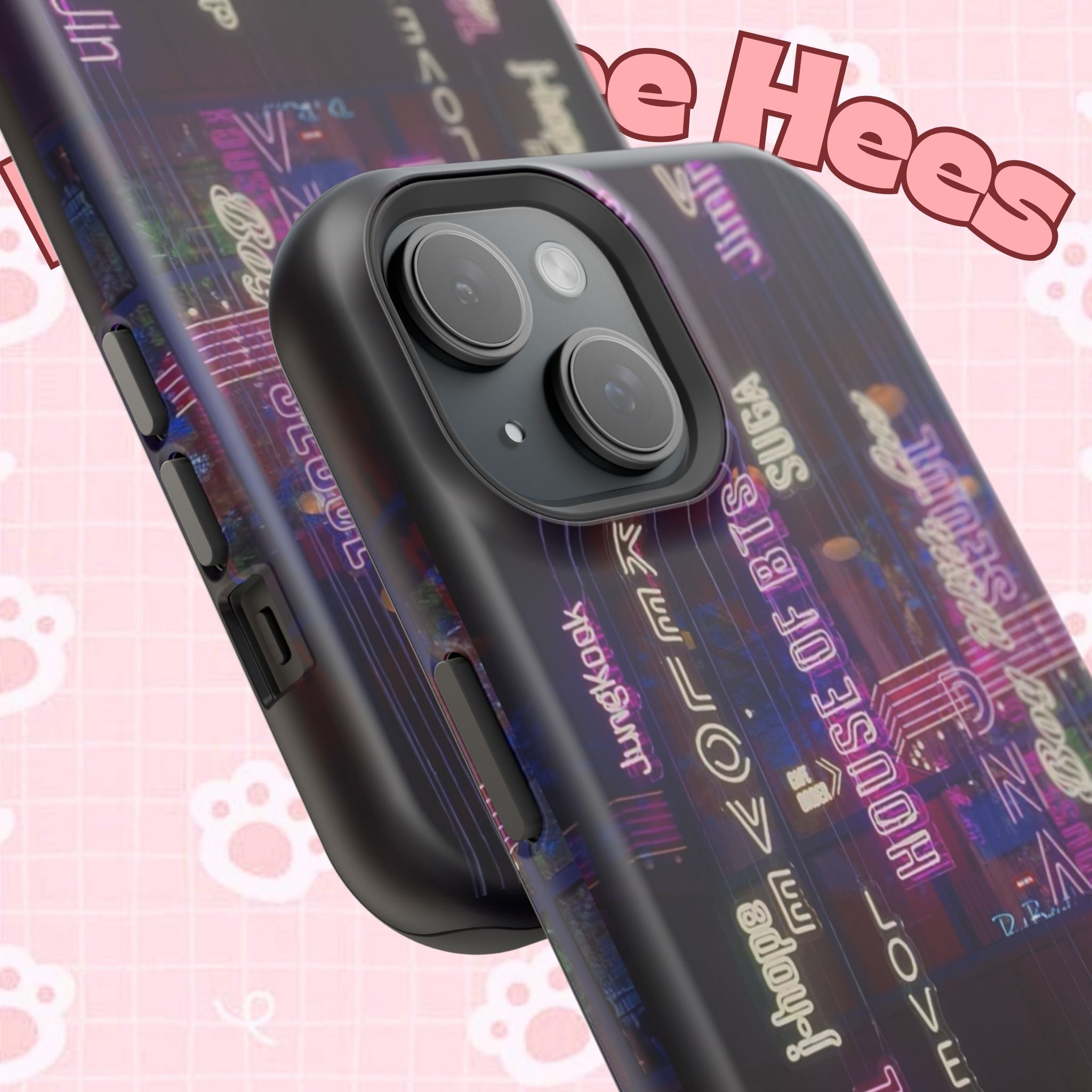 Neon Korean script BTS phone case for iPhone and Samsung, impact-resistant, featuring Bangtan Sonyeondan logo and vibrant design.