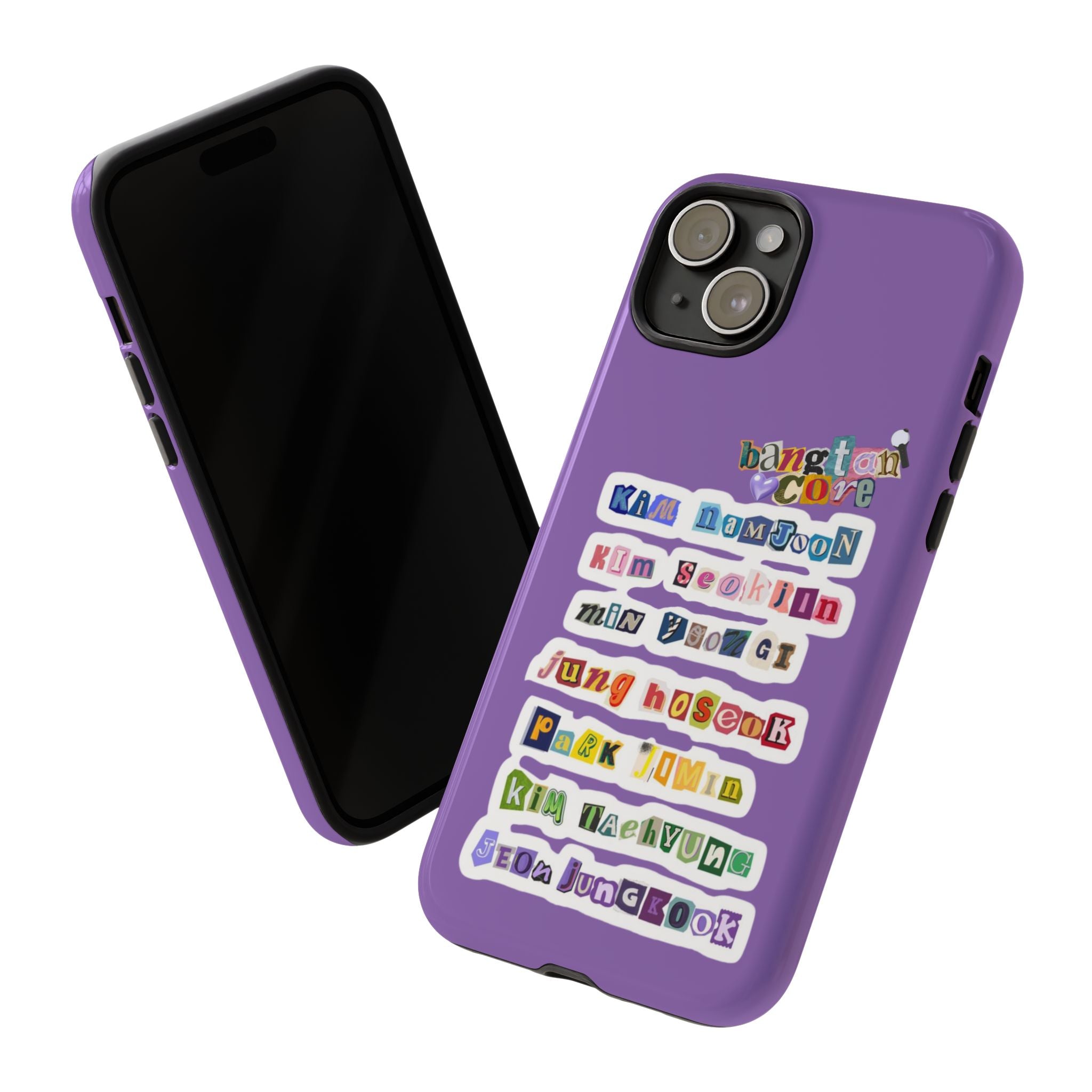 BTS member names phone case featuring Jungkook, Jimin, and Rap Monster for iPhone 17, with a tough protective design.