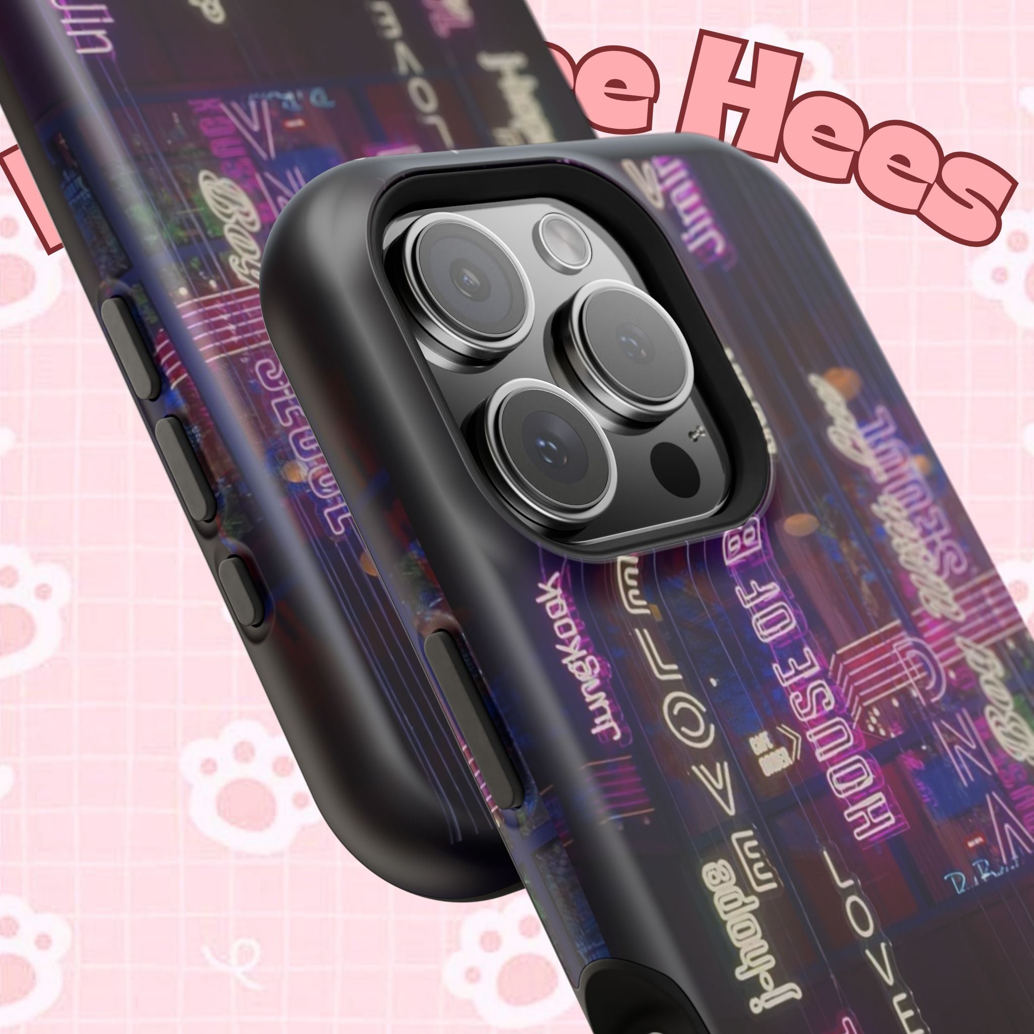 Neon Korean script phone case featuring BTS and Bangtan Sonyeondan branding, impact-resistant design for iPhone and Samsung.