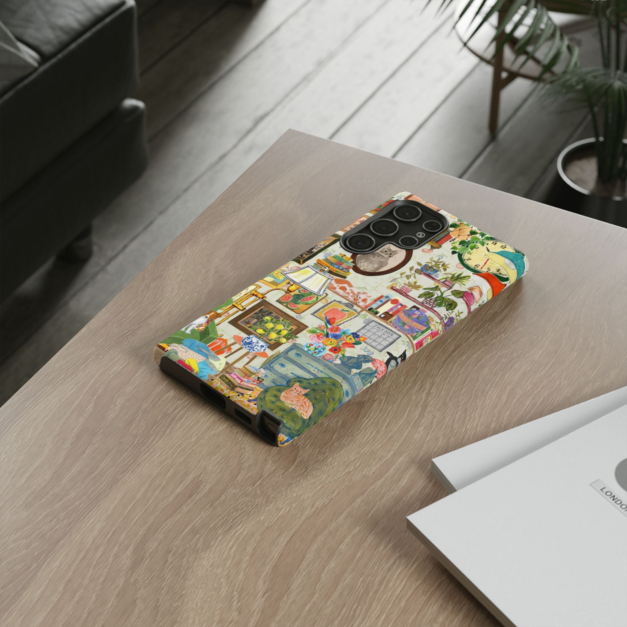 Cute cat portrait phone case for iPhone 17 by Printify, featuring a cozy, stylish design with a framed pet home living room scene.