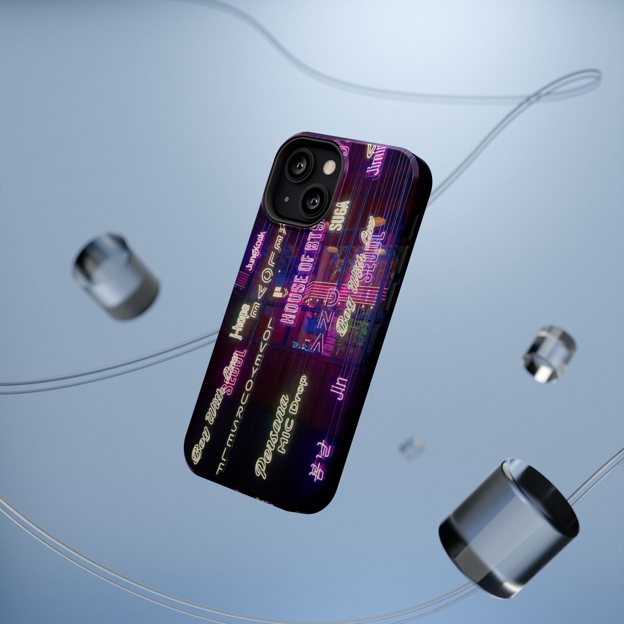 Impact-resistant BTS phone case with neon Korean script design for iPhone and Samsung, featuring Bangtan Sonyeondan branding.