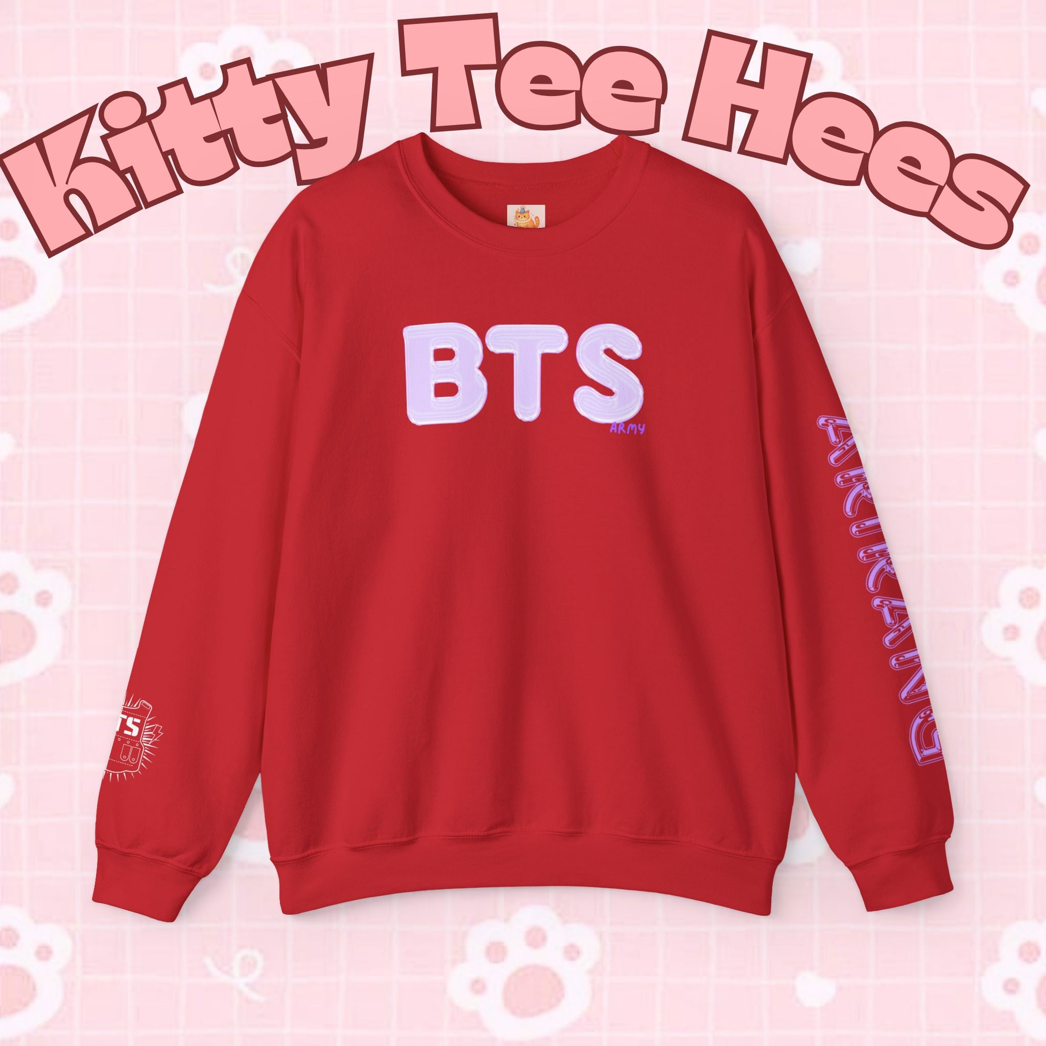 Lavender BTS Logo Arirang crewneck sweatshirt with K-pop band print, featuring BTS comeback and concert design, by Printify.